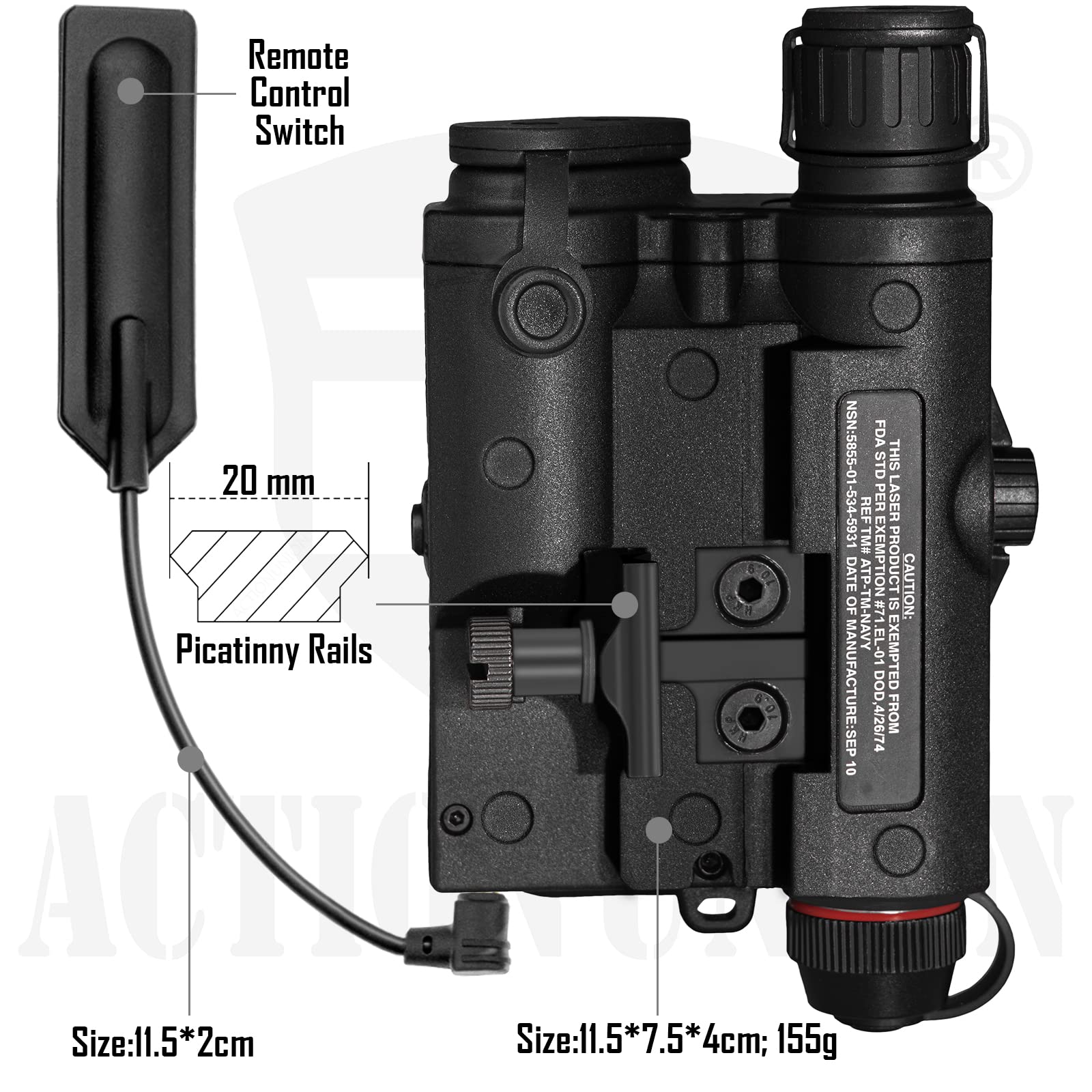 ACTIONUNION Airsoft PEQ-15S Pro UHP Tactical Laser Sight - Blue Laser, IR Laser & White LED Flashlight Combo for Military Simulation & Airsoft Games