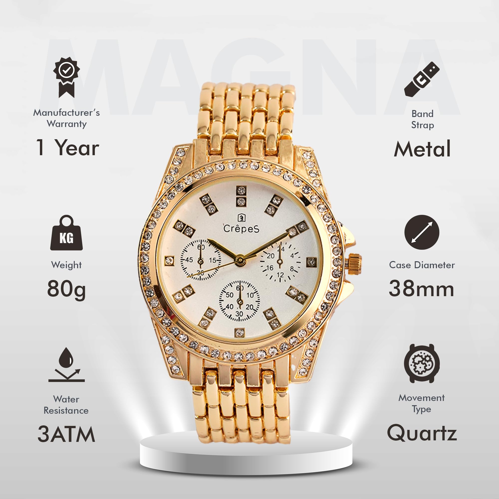 Elegant CrepeS Magna Stone Big Round Metal Strap Watch for Women - Perfect for Office, Party & Everyday Wear