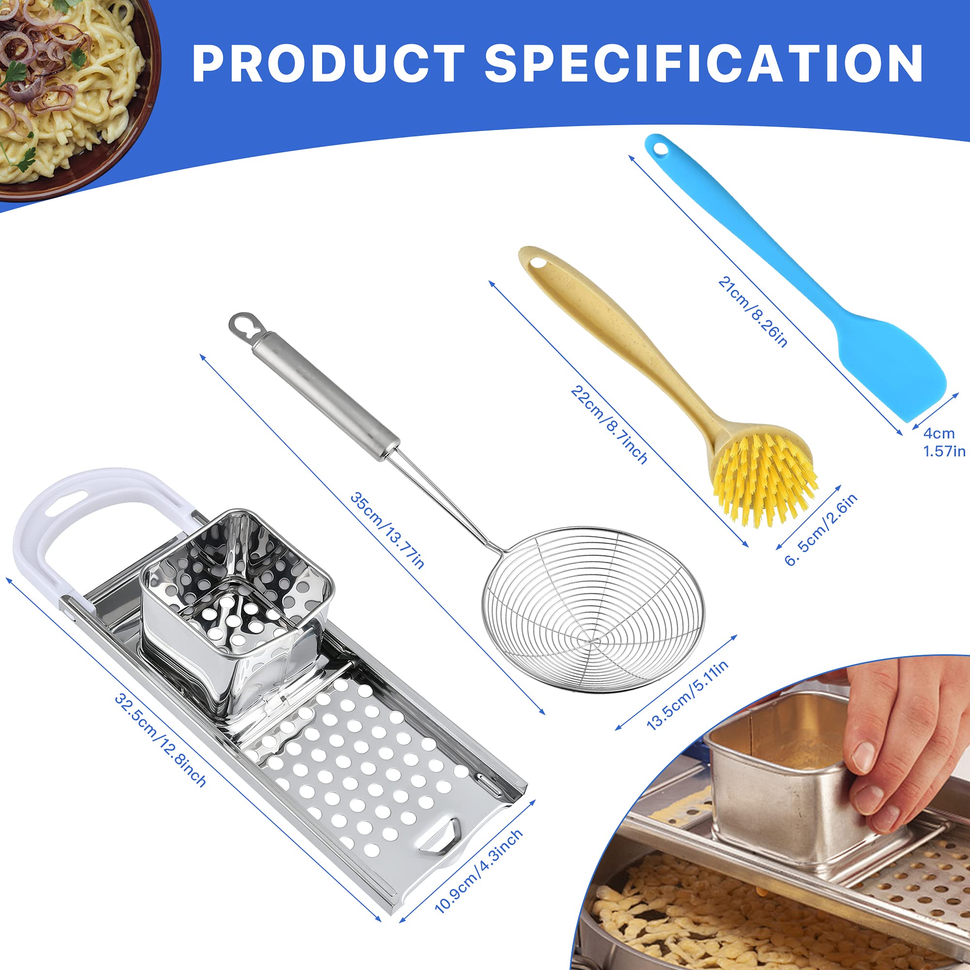 Premium Stainless Steel Spaetzle Maker - Authentic German Noodle Press with Ergonomic Rubber Handle | Includes Skimmer, Spider Strainer, Silicone Spatula & Cleaning Brush | Perfect for Homemade Pasta, Dumplings & Traditional European Cuisine