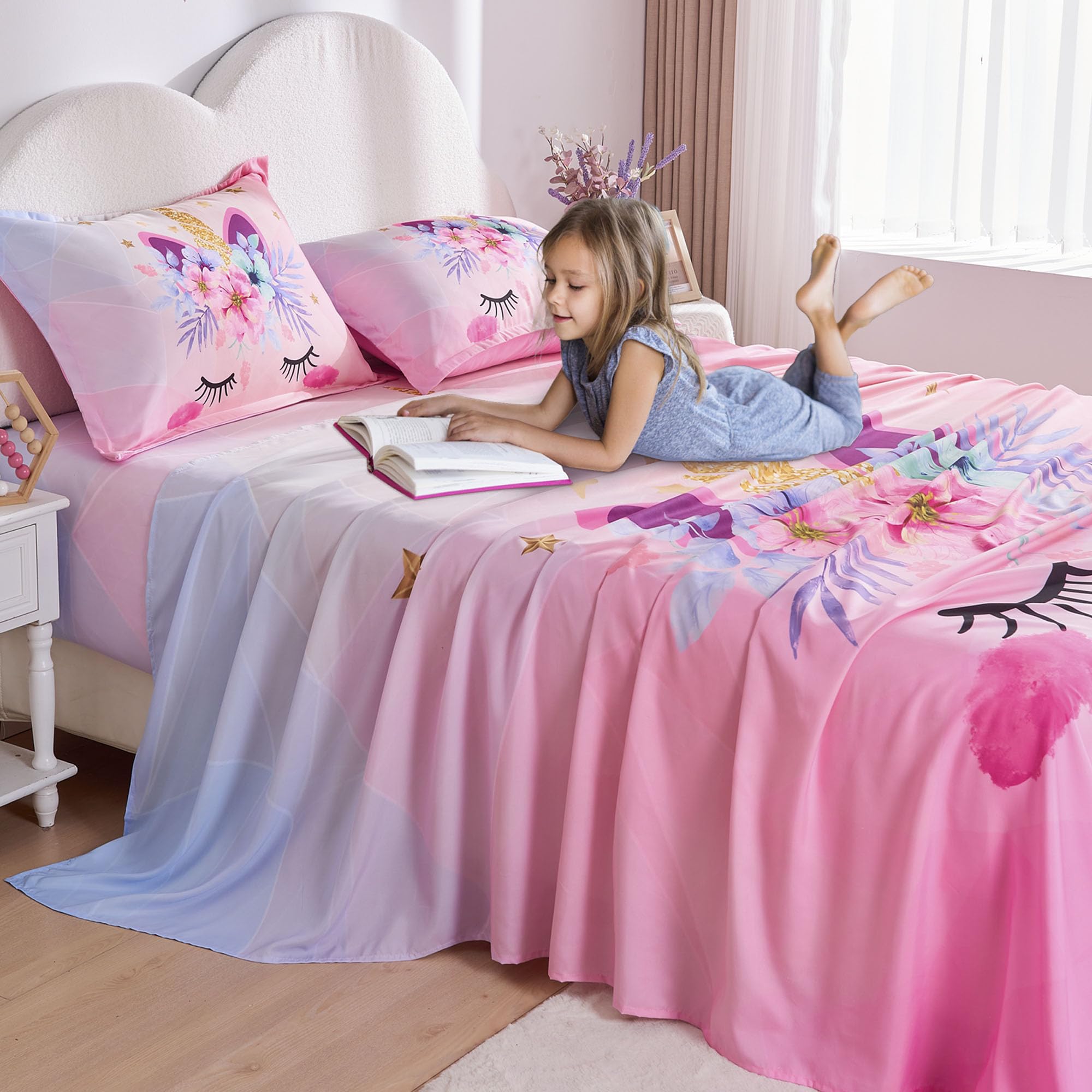 VIVILINEN 4-Piece Queen Size Sheet Set - Soft Pink Unicorn Bedding for Girls & Teens, Includes Flat Sheet, Deep Pocket Fitted Sheet & Pillowcases - Perfect for Kids' Rooms, Sleepovers & Cozy Bedtime