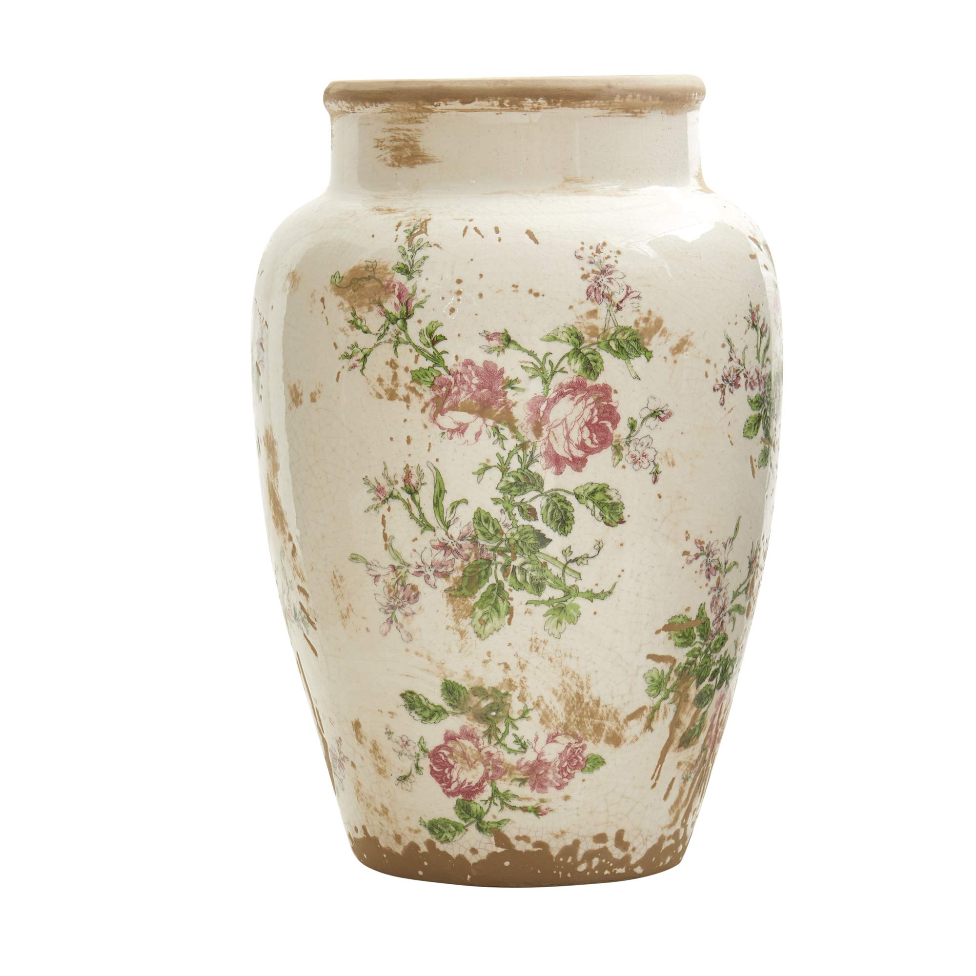 Nearly Natural 12.5 Inch Tuscan Ceramic Vase with Floral Print - Elegant Home Decor for Living Room, Dining Table, or Wedding Centerpiece