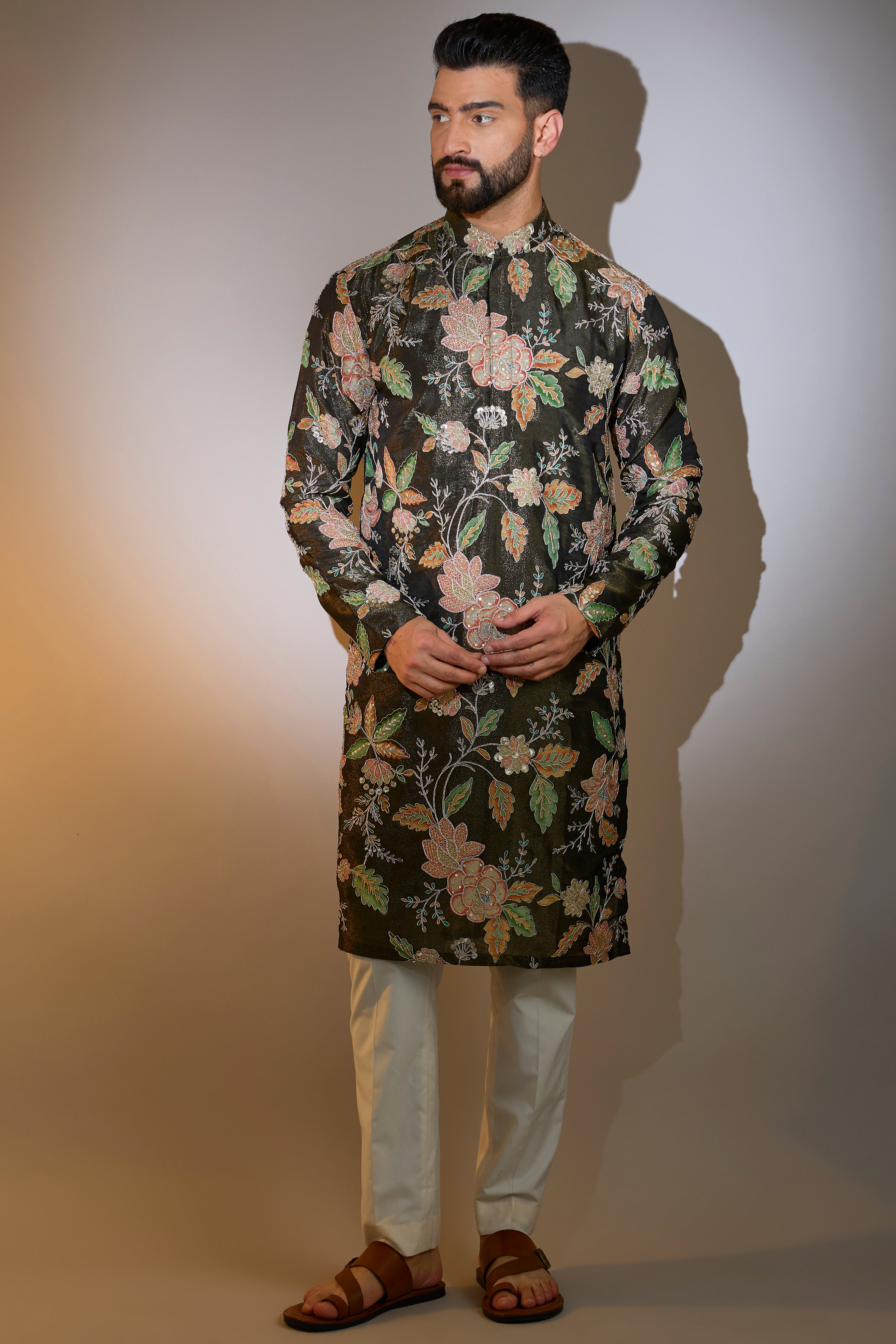 Exquisite Mehndi Green Floral Kurta with Intricate Aari Embroidery – Perfect for Festivals, Weddings & Ethnic Celebrations