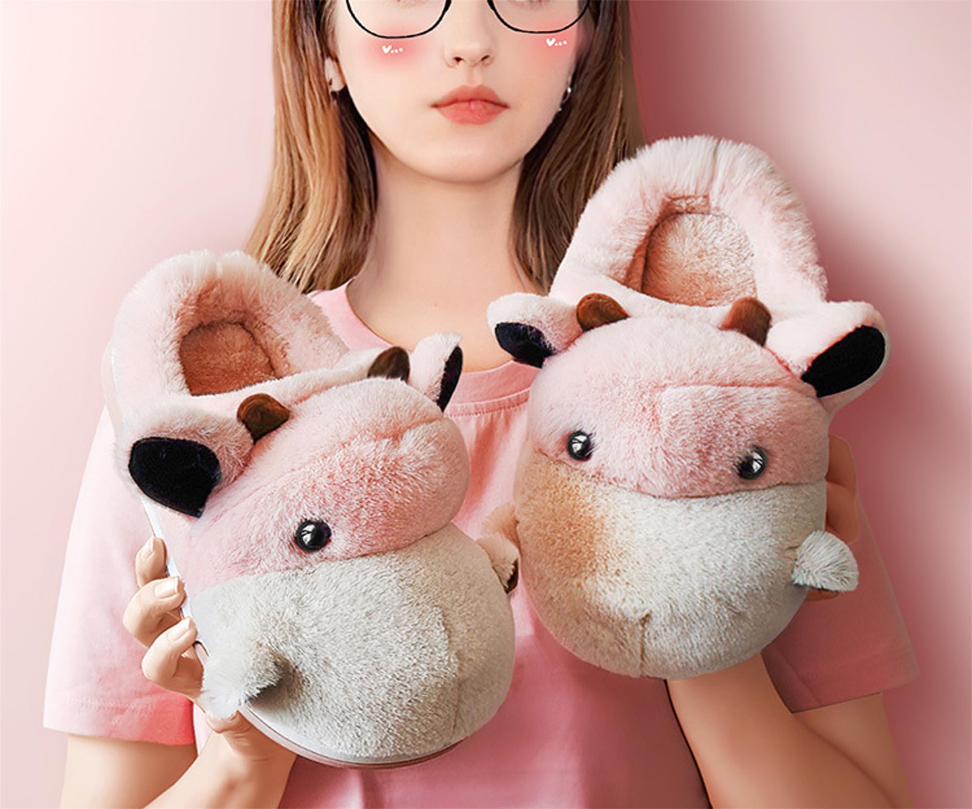 LANFIRE Women's Cute Cow Slippers - Plush Animal House Shoes for Winter, Warm Fuzzy Cotton Indoor Slippers for Home, Lounge & Gift Giving