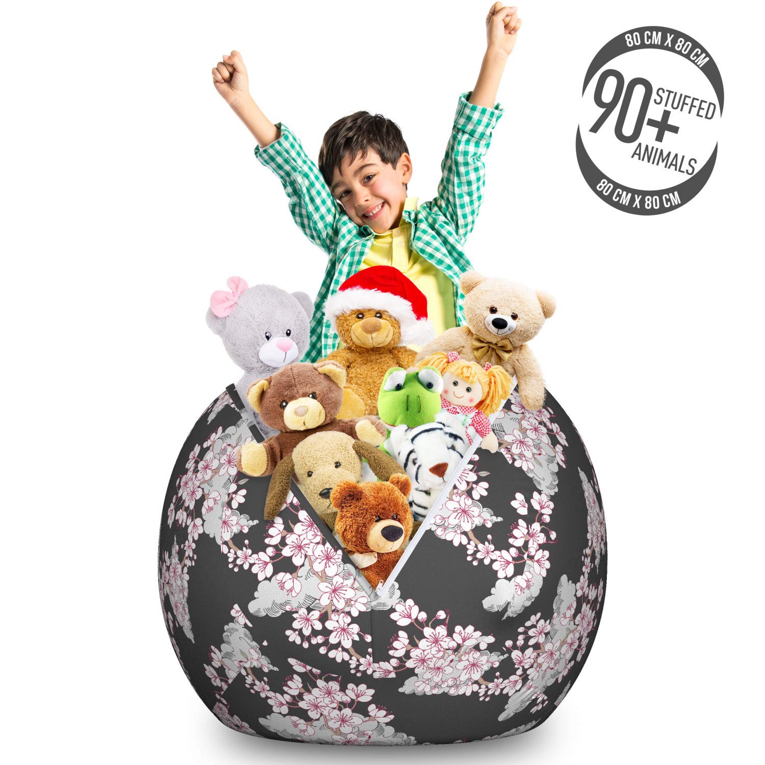 Ambesonne Japanese Sakura Storage Bag Chair - Large Washable Toy Organizer with Abstract Grey & White Floral Design | Perfect for Kids' Room, Playroom & Stuffed Animal Storage