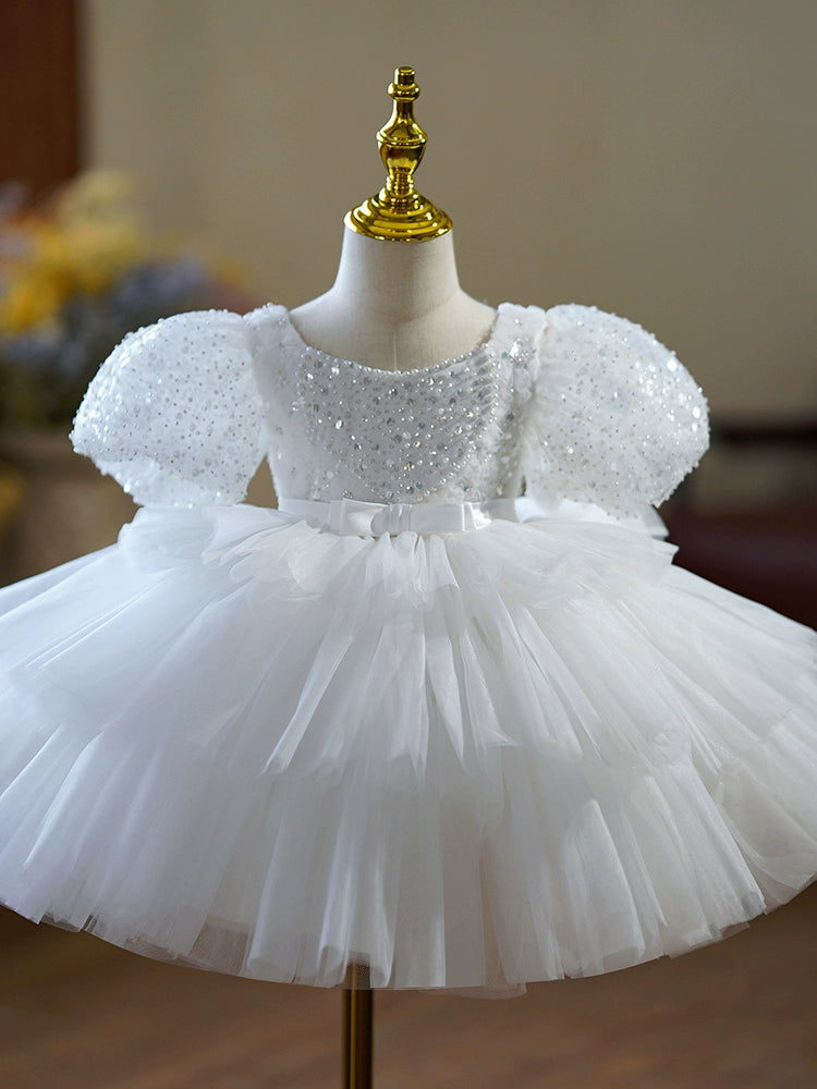 Princess Scoop Neck Tea Length Tulle Flower Girl Dress - White Bridesmaid Dress for Weddings, Flower Girls, and Special Occasions