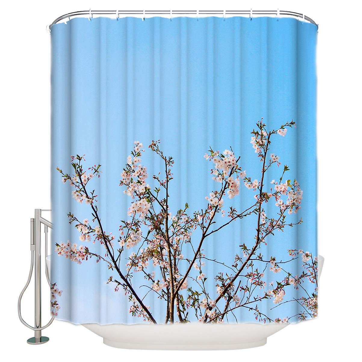 12 Hook Waterproof Shower Curtain Liner - Spring Fresh Pink Cherry Blossom & Blue Sky Design - Machine Washable Fabric Bathroom Accessories for Showers & Bathtubs - 72