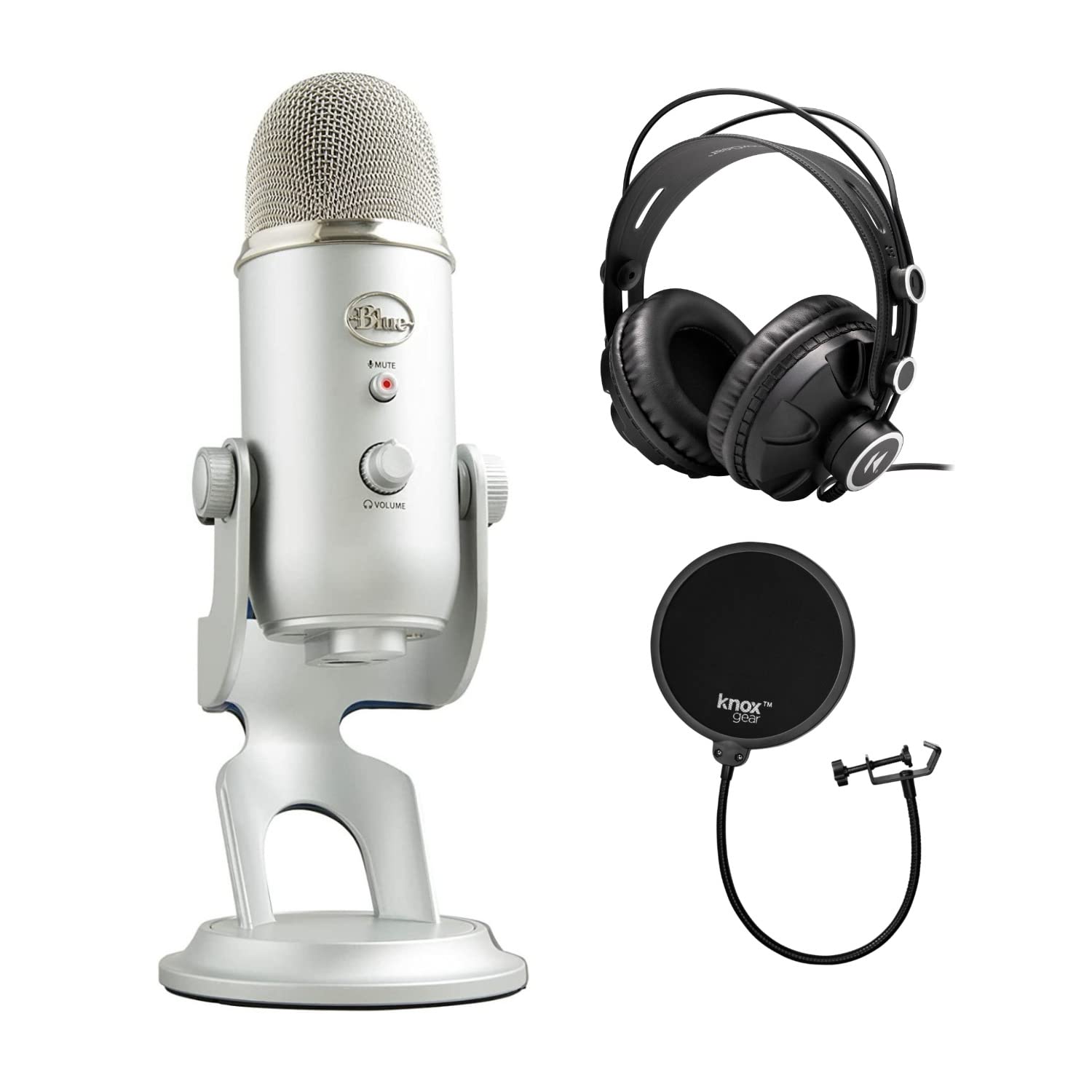 Blue Yeti USB Microphone (Silver) with Knox Gear Headphones & Pop Filter Bundle - Professional Studio Recording, Podcasting, Gaming & Streaming Kit