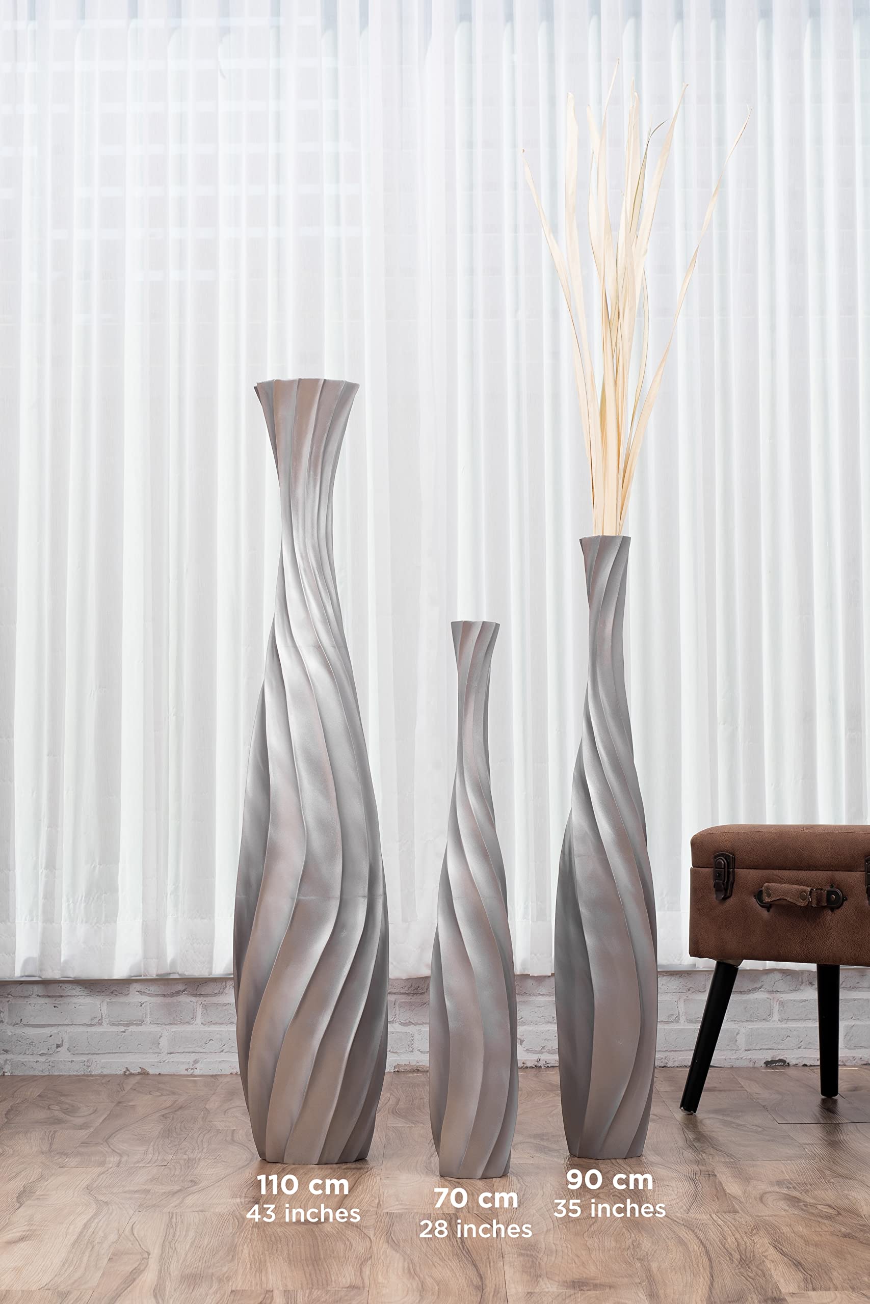 Leewadee 28 Inch Large Silver Floor Vase - Wooden Farmhouse Decor for Flowers, Fake Plants & Pampas Grass - Perfect for Living Room, Entryway or Wedding Centerpiece Decorations