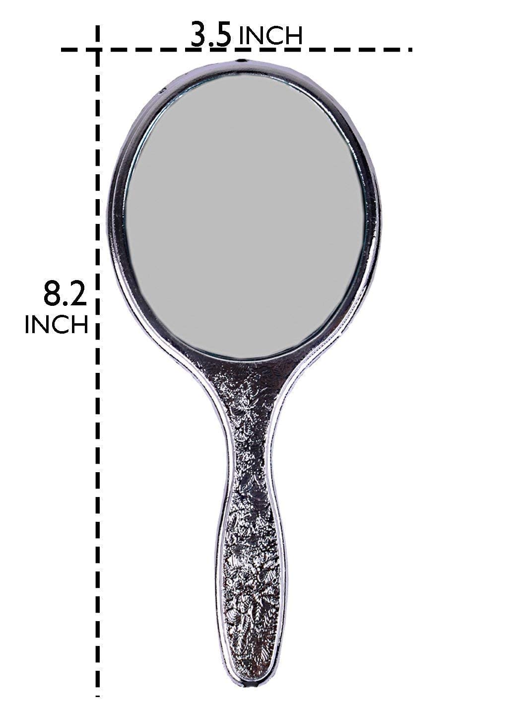 INAAYA Designer Handheld Makeup Mirror with Handle - Lightweight Travel Mirror for Women & Men (Silver, 25g) - Perfect for Home, Travel, and Professional Makeup Application