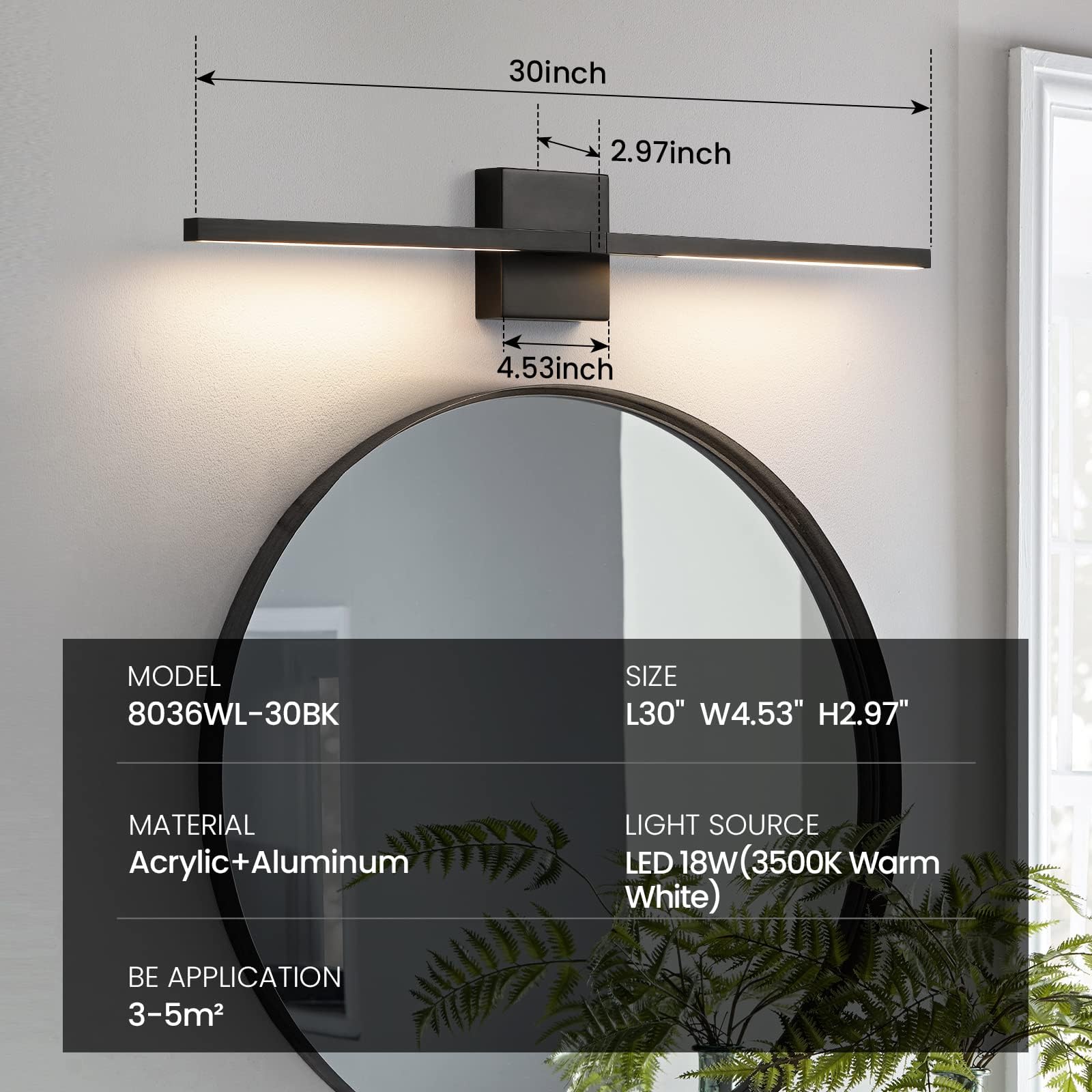 360° Rotatable Black Bathroom Vanity Lights - 30 Inch LED Dimmable Wall Sconce with 3500K Warm White Light for Mirror Lighting, Modern Bathroom Decor & Spa Ambience