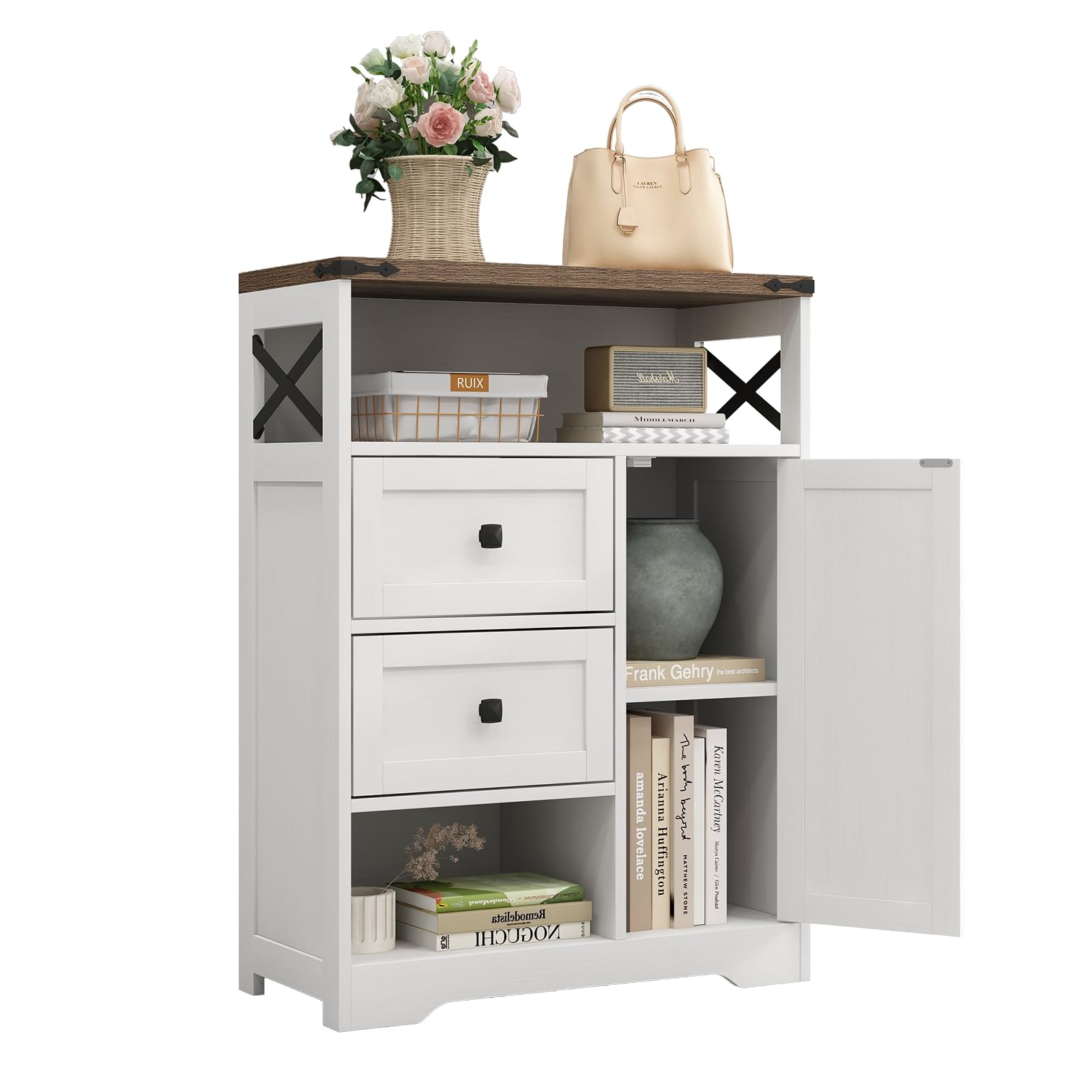 White Farmhouse Storage Cabinet with 2 Drawers & Open Shelves - Freestanding Organizer for Living Room, Bathroom, Kitchen & Laundry - Perfect for Home Decor, Storage Solutions & Small Space Organization