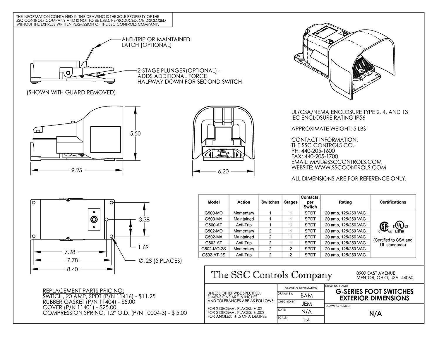Heavy Duty SSC Controls G500-MA Foot Switch - Electrical SPDT Maintained Action Industrial Pedal (Made in USA) - Perfect for Machinery, Medical Equipment & Factory Automation