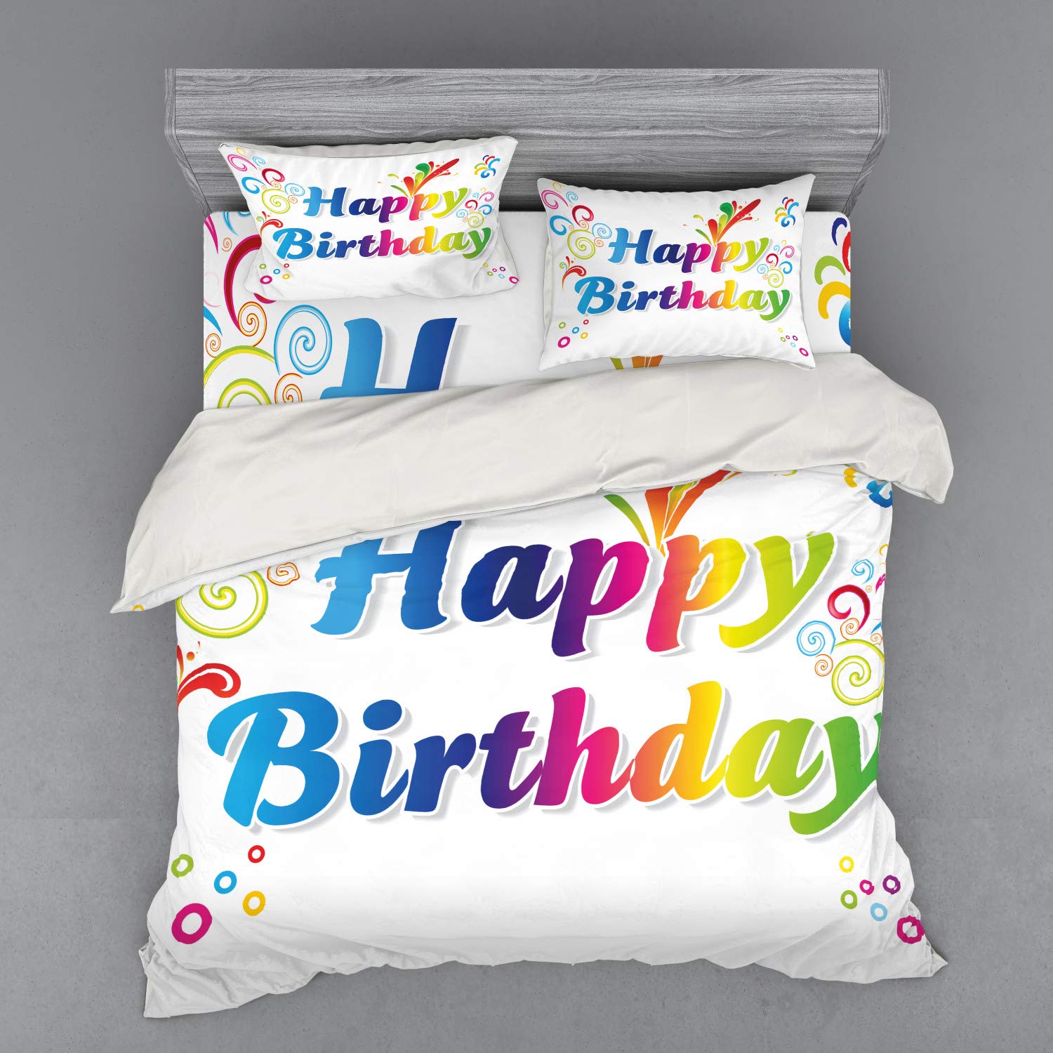 Ambesonne Vibrant Abstract Floral Birthday Duvet Cover Set - 4 Piece King Size Bedding with Shams & Fitted Sheet - Colorful Birthday Message Art Print for Bedroom Decor - Perfect Gift for Birthday Celebrations and Home Styling