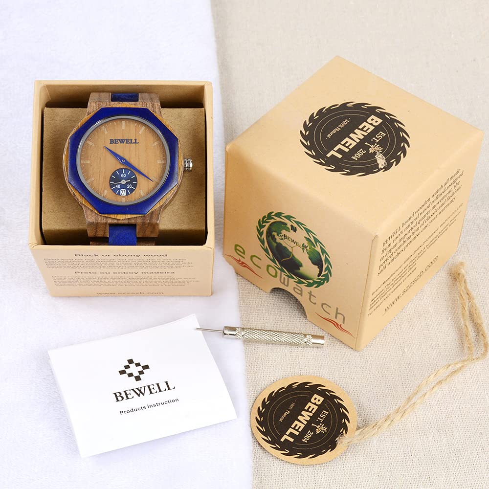BEWELL Wooden Watch for Men - Casual Mixed Color Wooden Wristwatch with Adjustable Band - Perfect for Everyday Wear, Outdoor Activities & Gifts