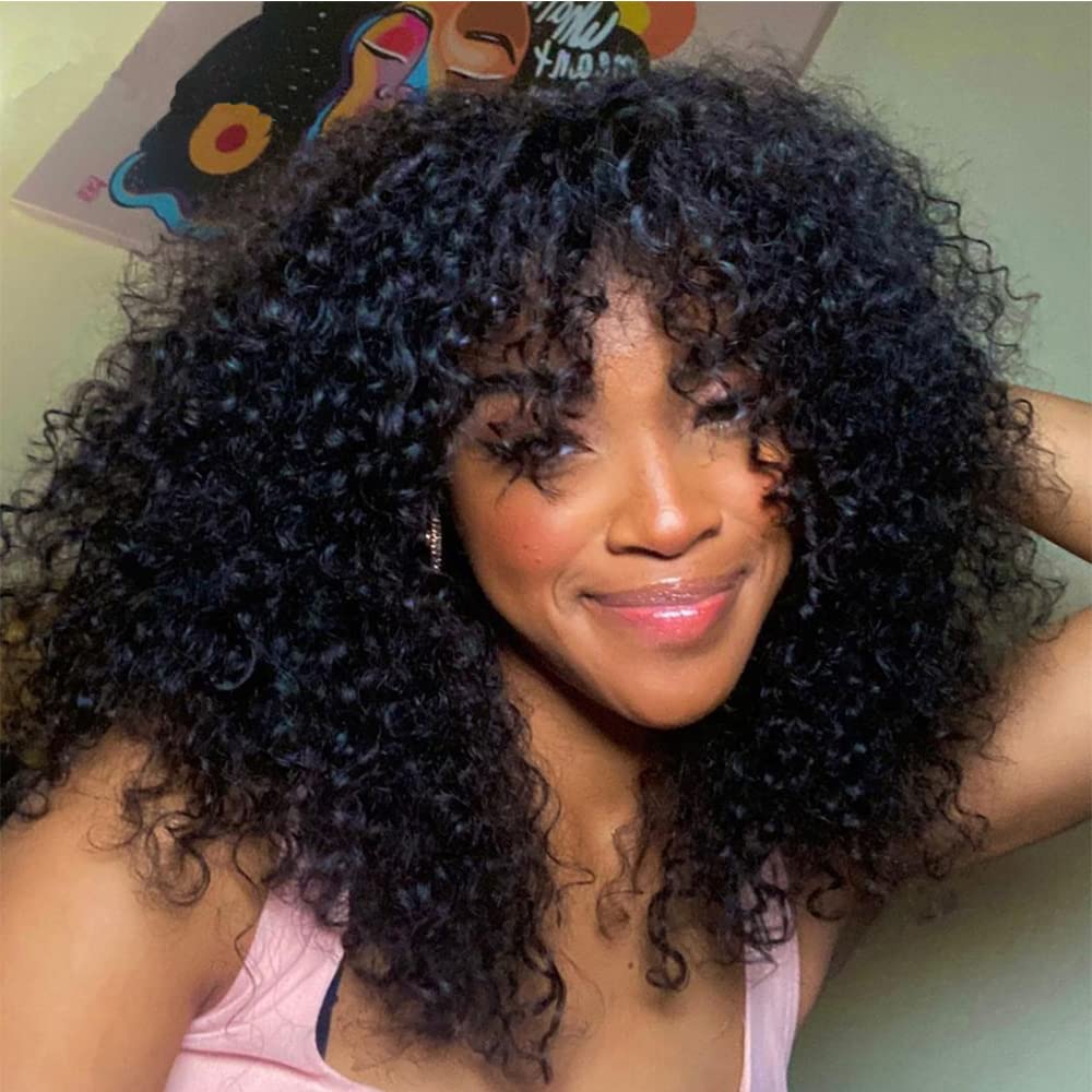 100% Brazilian Human Hair Wig with Bangs - 16 Inch Loose Curly Wig 180 Density for Black Women | O Scalp Top Full Machine Made | Natural Color | Perfect for Daily Wear, Parties & Special Occasions