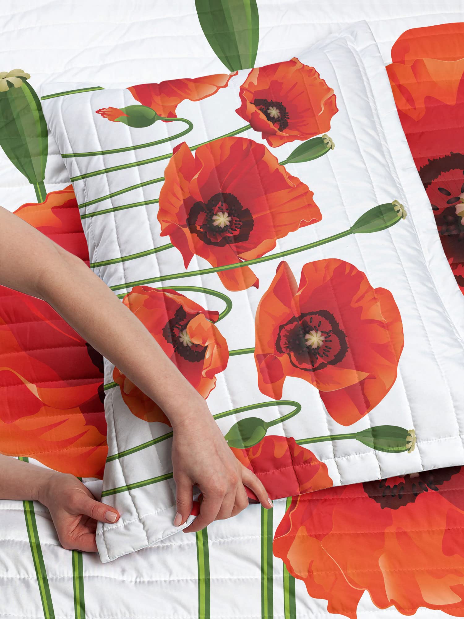 Ambesonne Floral Reversible Bedspread Set - Poppy Spring Pastoral Flowers Botany Bouquet Nature Theme Microfiber Bedding | Twin Size Red Green | Perfect for Spring Bedroom Decor & Guest Room Makeover