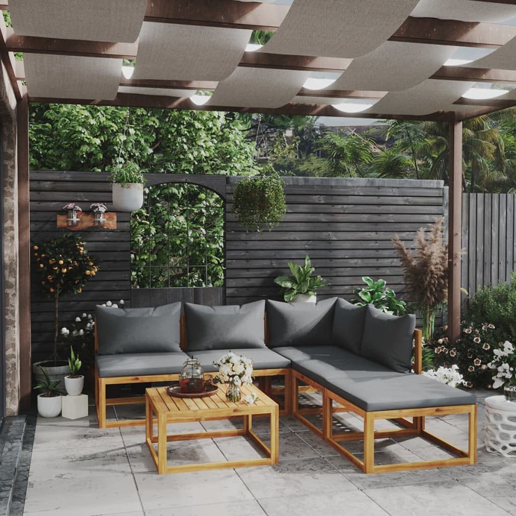 Premium 6-Piece Acacia Wood Outdoor Lounge Set with Dark Gray Cushions - Modern Patio Furniture with Coffee Table, Sofa & Ottoman - Weather-Resistant Garden Set for Backyard, Poolside or Terrace Relaxation