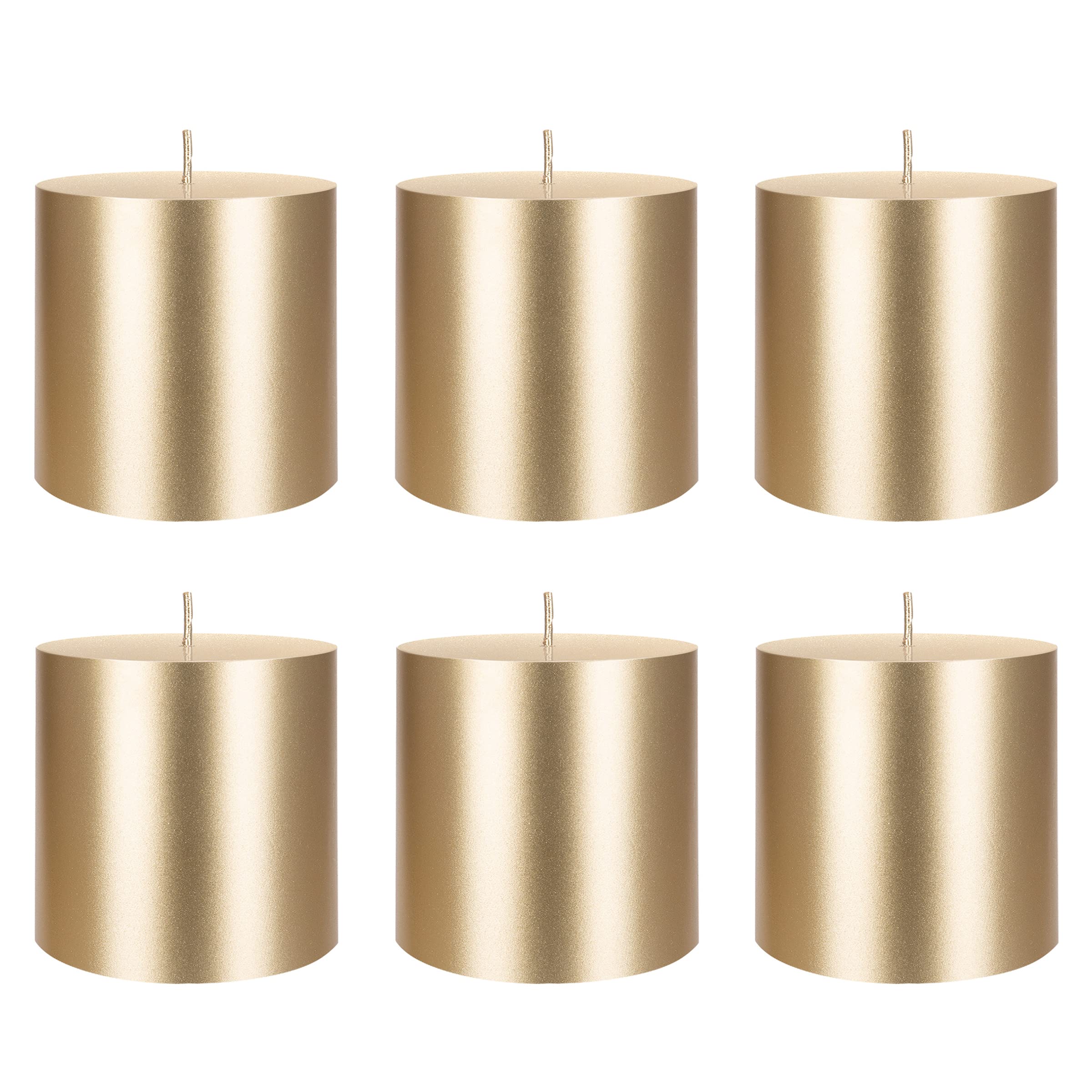 Premium Unscented Solid Gold Pillar Candles - Set of 6 Hand-Poured 3x3 Inch Wax Candles for Home Decor, Weddings, Spa Relaxation, Holiday Centerpieces & Prayer Vigils - Elegant Party & Celebration Decorations