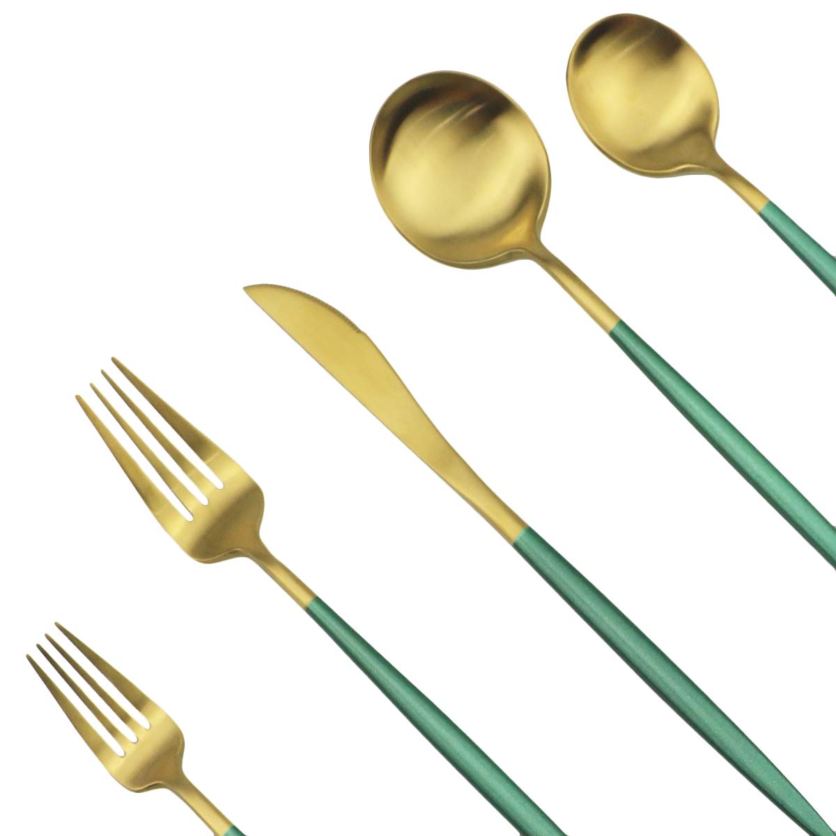 Premium 5-Piece Matte Green & Gold Flatware Set - 18/10 Stainless Steel Heavy Weight Forged Cutlery (Forks, Spoons, Knives) - Elegant Dining Utensils for Everyday Meals & Dinner Parties