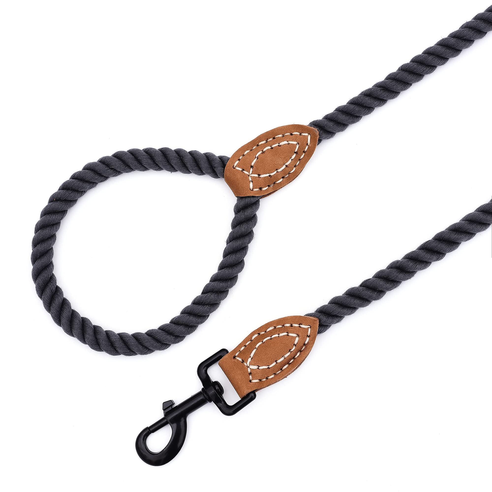 Premium Braided Cotton Rope Dog Leash with Leather Tip - Heavy Duty 4ft Pet Leash with Metal Clasp for Walking, Training & Weddings (Dark Grey, 48 Inches) - Durable Outdoor & Indoor Dog Accessory