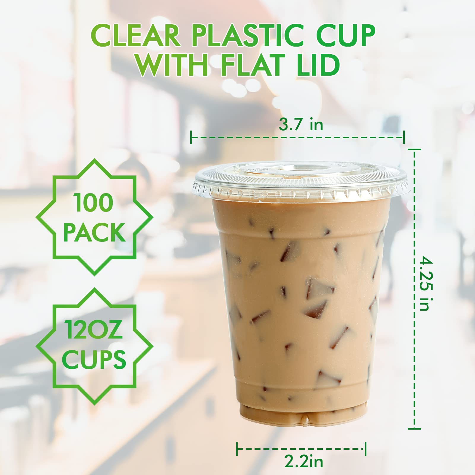 100 Sets of 12 oz Clear Plastic Cups with Flat Lids - Disposable Drinking Cups for Ice Coffee, Smoothie, Slurpee & Cold Beverages - Perfect for Parties, Picnics, and Takeout Drinks