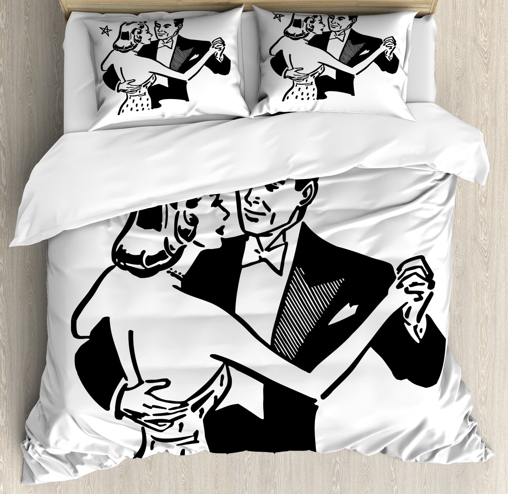 Vintage 50s Dancing Couple Duvet Cover Set - Black & White 3-Piece Bedding with Pillow Shams, Queen Size for Valentine's Day & Romantic Bedroom Decor | Perfect for Anniversary Gifts, Couples Retreat & Retro-Themed Parties