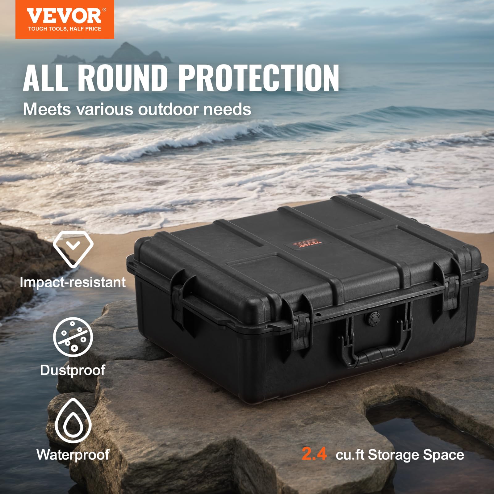 VEVOR IP67 Waterproof Hard Case with Pre-Cut Foam - Heavy Duty Protective Dry Box for Travel, Hunting, Military & Tactical Gear - Retractable Handle Shockproof Storage Case for Cameras (24.41
