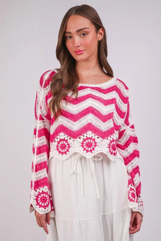 Floral Crochet Knit Top for Women - Boho Summer Blouse, Beach Cover Up, Music Festival Outfit