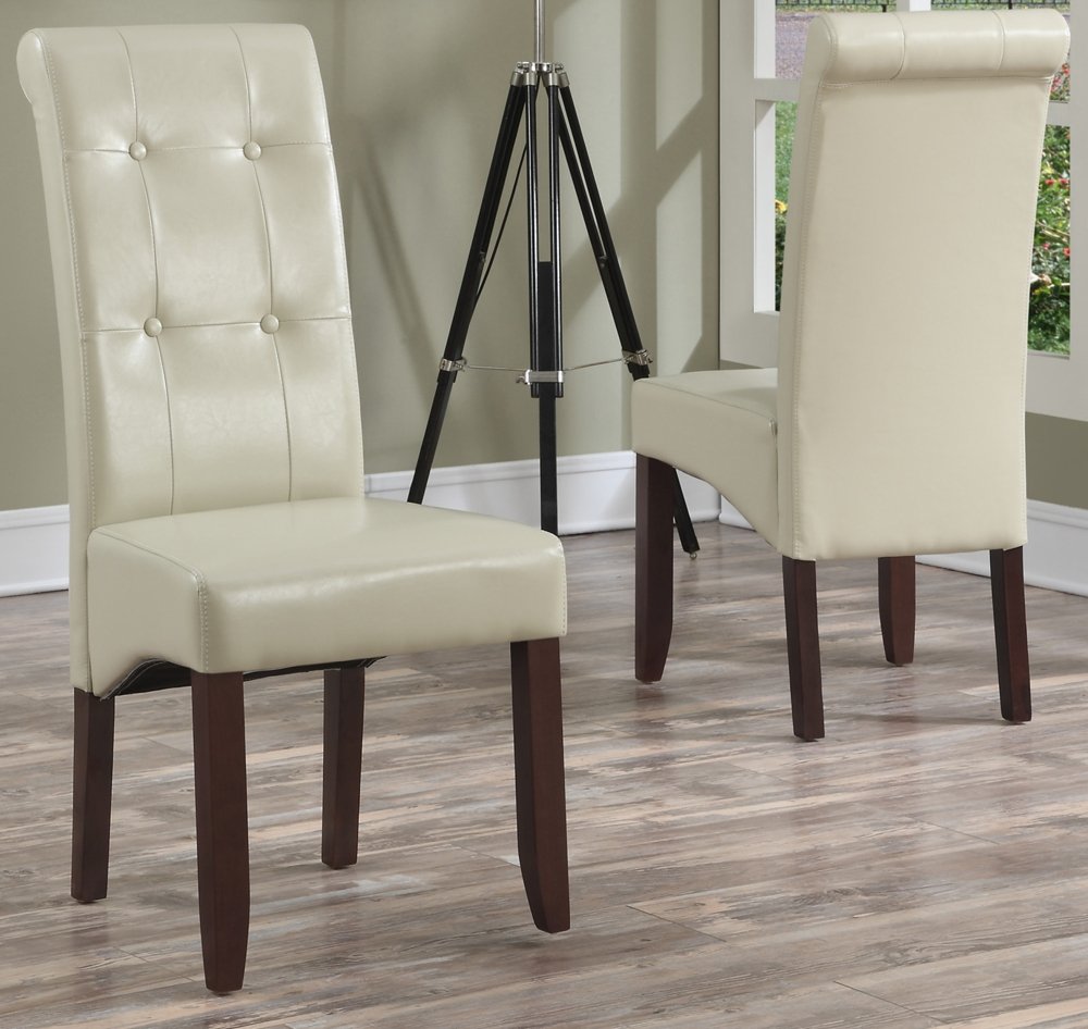 SIMPLIHOME 2-Piece Cosmopolitan Dining Chair Set - Satin Cream Vegan Leather Upholstered, Curved Back Tufted Parson Chairs (26