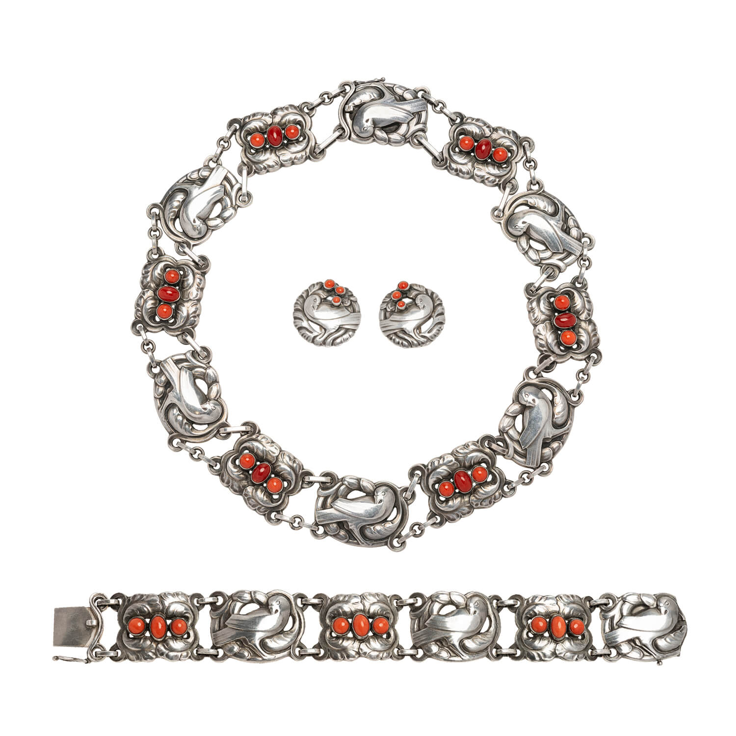 Vintage GEORG JENSEN Denmark Sterling Silver & Coral Dove Jewelry Set - Elegant Gift for Her, Perfect for Weddings & Special Occasions