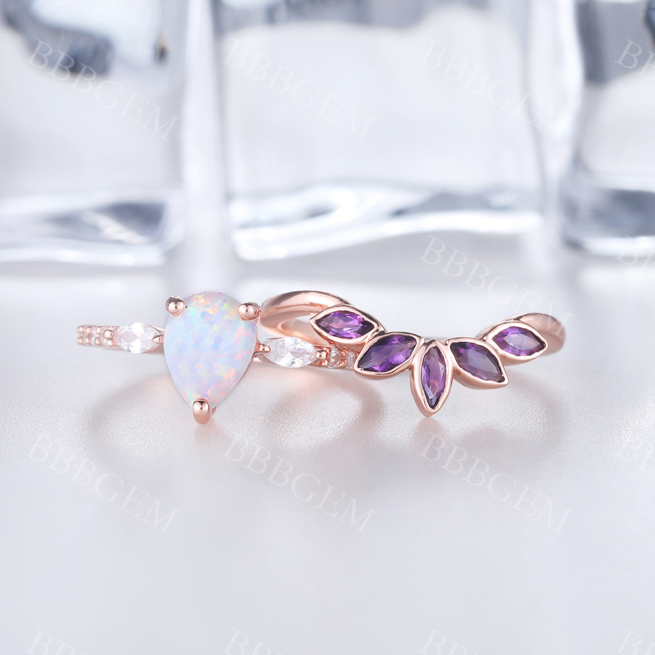Pear Cut White Fire Opal & Amethyst Ring Set in 14K Rose Gold - Elegant Wedding Band, Anniversary Gift for Her, Perfect for Special Occasions
