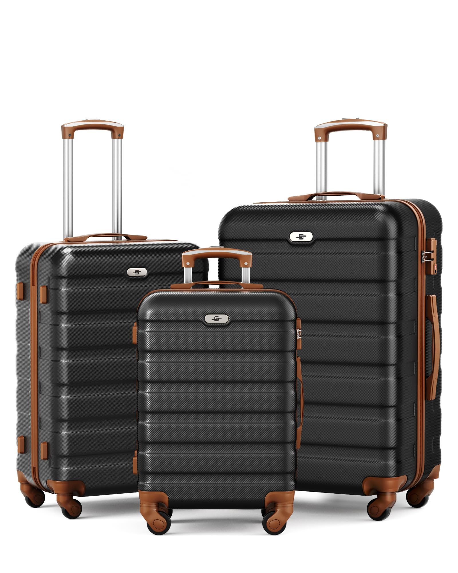 Suitour 3-Piece Hard Shell Luggage Set with 360° Spinner Wheels & TSA Lock - 20/24/28 Inch Carry On Checked Suitcases (Black/Brown) for Business Travel, Family Vacations & International Trips