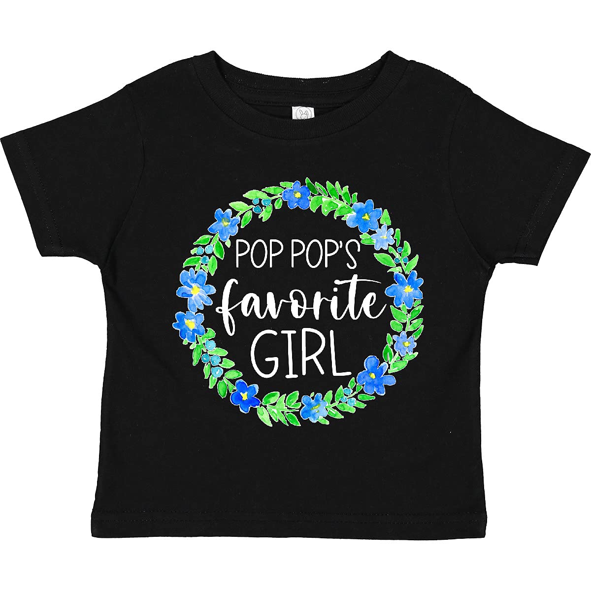 Pop Pop's Favorite Girl Blue Floral Wreath Toddler T-Shirt | Cute Baby Girl Outfit for Grandparents Day, Family Photos & Special Occasions