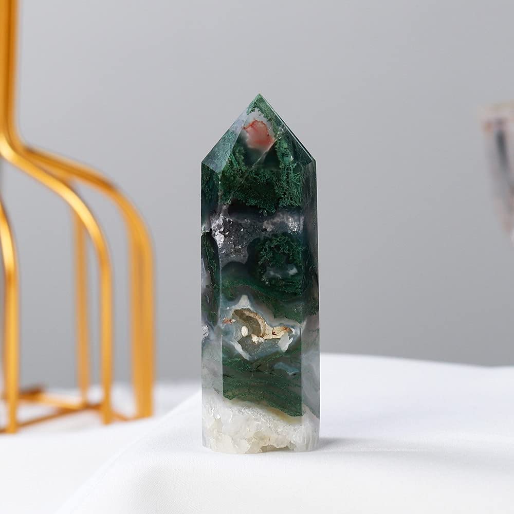 **Natural Moss Agate Crystal Point - Hexagonal Column Healing Stone for Chakra Balance, Green Water Plant Agate (4-5cm) - Spiritual Meditation, Home Decor, Energy Healing & Gift Idea**