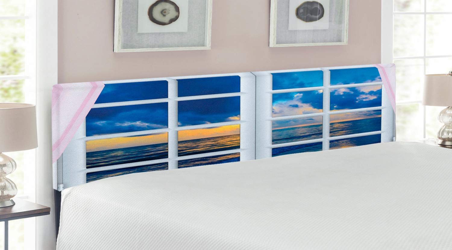 Ambesonne King Size Upholstered Metal Headboard - Sunset on The Sea Scenery with Open Curtains & Horizon View, Blue White Memory Foam Decorative Bed Headboard for Relaxing Bedroom Decor | Perfect for Coastal, Modern & Master Bedroom Designs