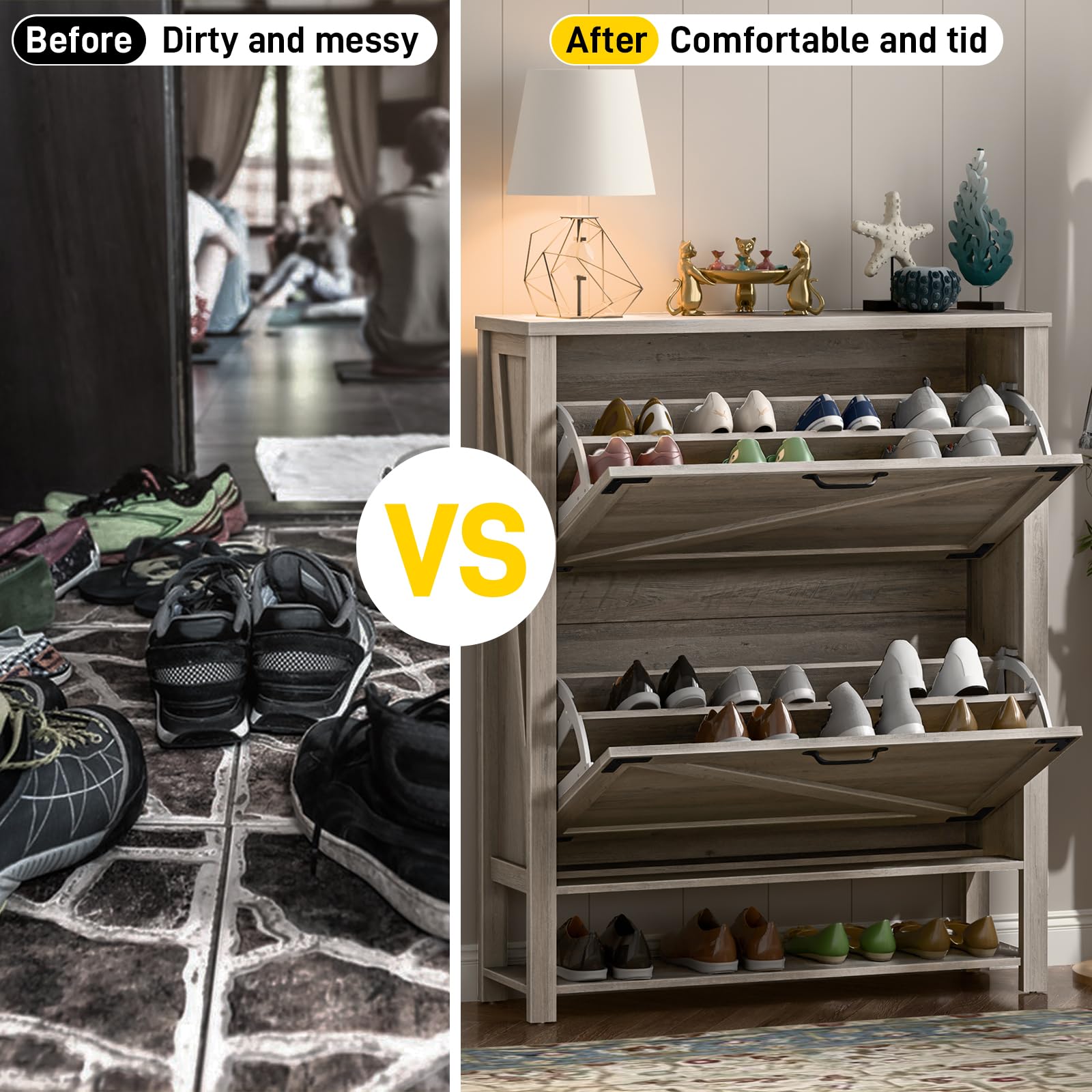 5-Tier Rustic Grey Shoe Storage Cabinet with 2 Flip Drawers - Farmhouse Entryway Organizer, Narrow Freestanding Wooden Shoe Rack for Hallway, Living Room & Bedroom Closet Organization