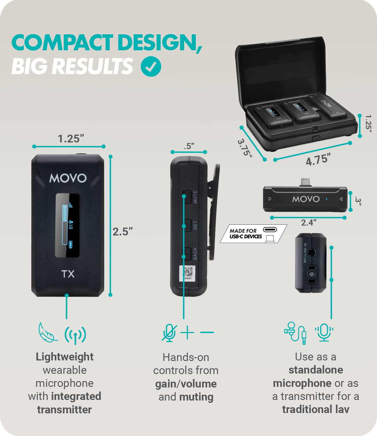 Movo WMX-2-C-DUO Wireless Lavalier Microphone with USB-C Charging Case - Compatible with Android Phones, Laptops, Computers for Vlogging, Podcasting & Video Conferencing