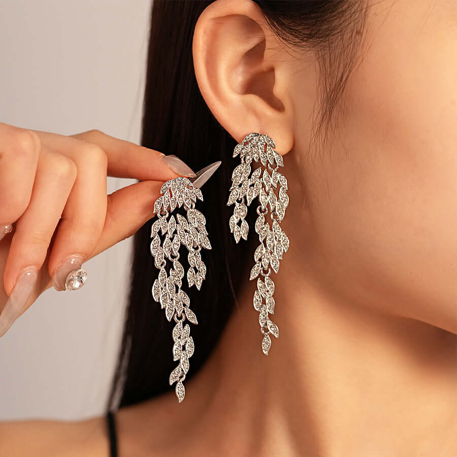 Trendy Marquise Leaf Drop Tassel Earrings for Women | HE22408 | Bohemian Dangle Jewelry for Party, Wedding & Everyday Wear