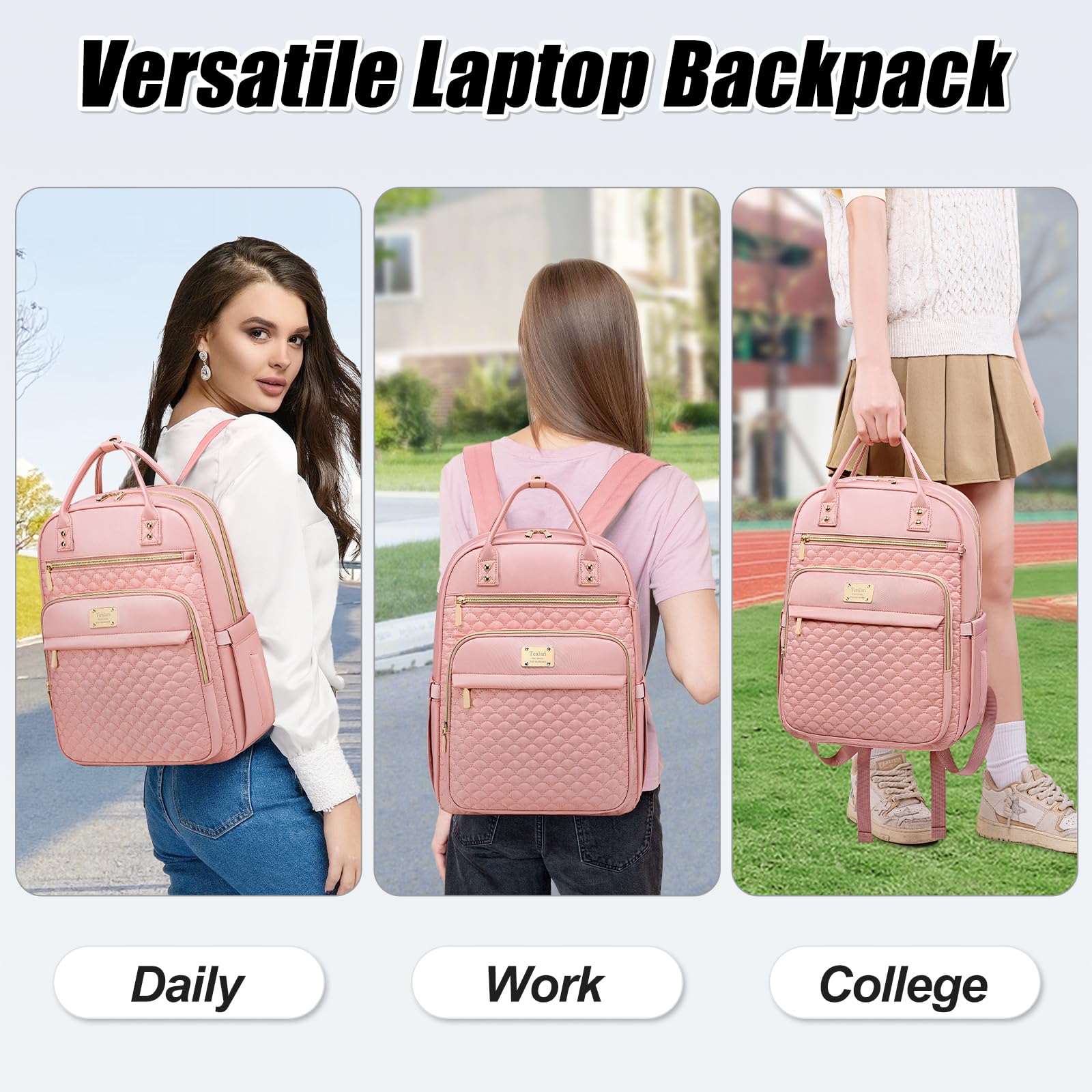 Stylish Water Resistant 15.6 Inch Laptop Backpack for Women - Durable Work & Travel Backpack with Wallet Pocket, College Bookbag (Pink) - Perfect for Office Commute, Business Trips & Campus Life