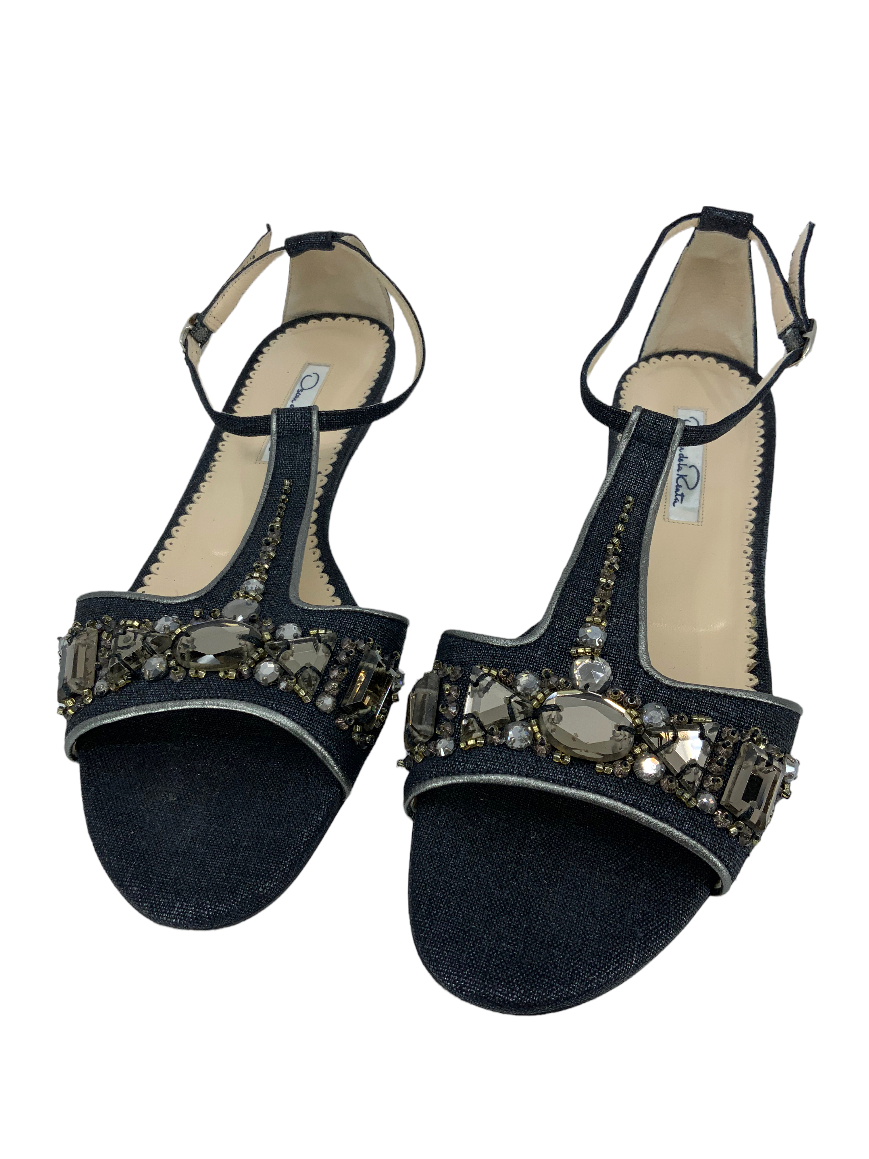 Oscar de la Renta Embellished T-Strap Flat Sandals for Women | Size 8 | Comfortable Summer Shoes for Beach, Wedding & Casual Outings