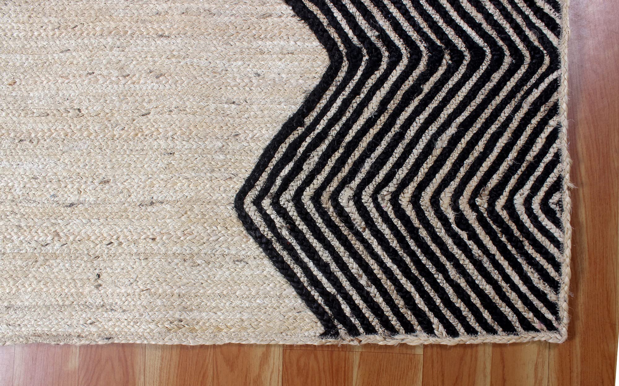 Handwoven Indian Jute Rug - Geometric Black & Beige 6x6 Feet Square Area Rug for Dining Room, Bedroom, Living Room, Nursery & Balcony - Eco-Friendly Home & Office Floor Decor