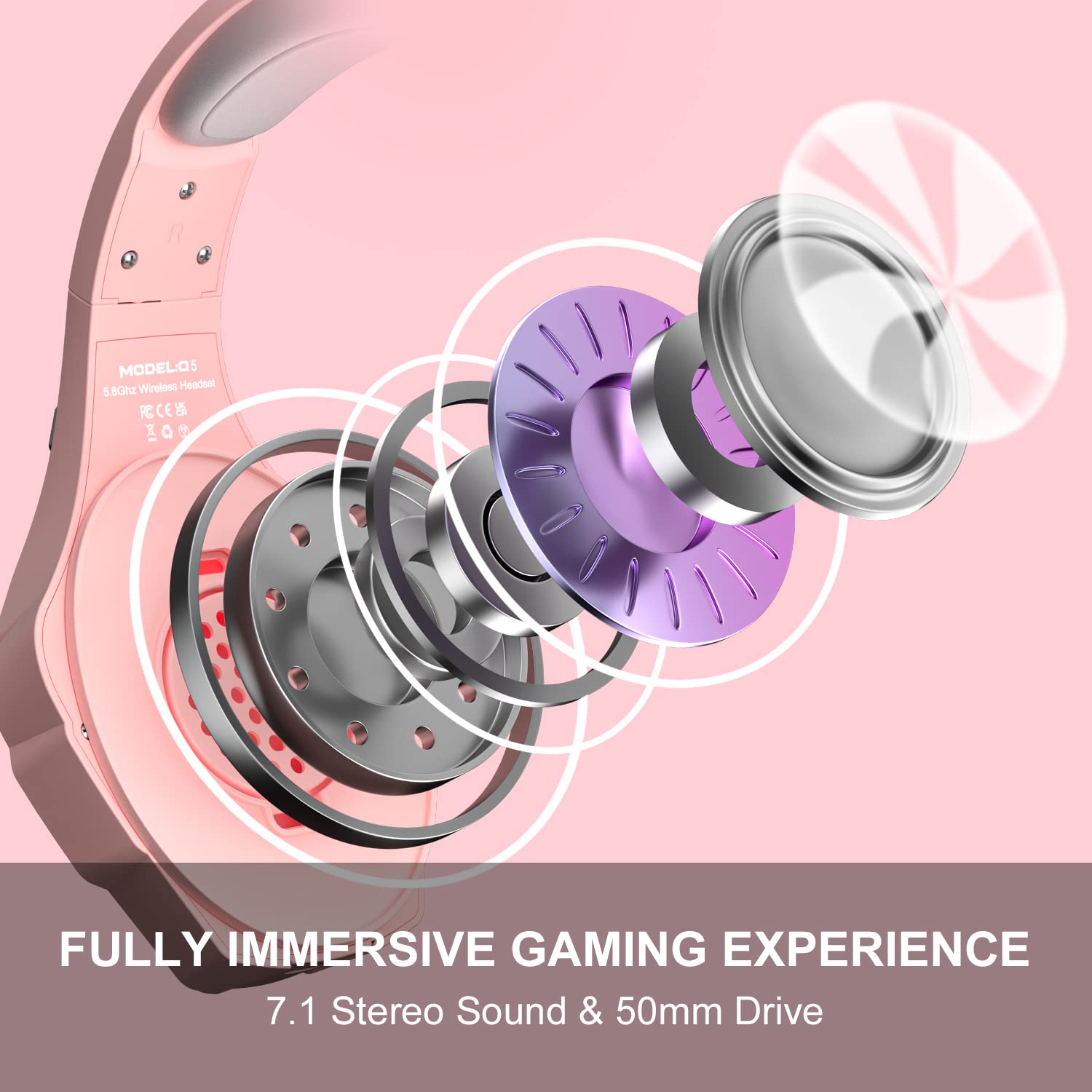 PHOINIKAS Wireless Gaming Headset for PS4, PS5, PC, Nintendo Switch & Xbox Series - 2.4GHz Wireless Headphones with Detachable Noise Canceling Mic, 7.1 Surround Sound, 3.5mm Wired Mode (Pink & Grey) - Perfect for Competitive Gaming, Streaming & Late-Night Sessions