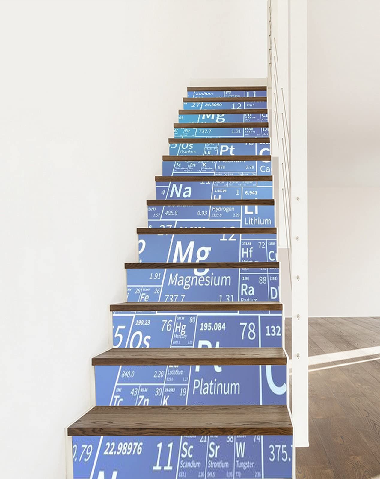 3D Self-Adhesive Removable Stair Stickers - Periodic Table Chemical Elements Design on Blue Background - Vinyl Stair Riser Decals for Kitchen, Tiles & Walls - 13-Piece Set - Perfect for Home Decor, Science Classroom & Office Spaces