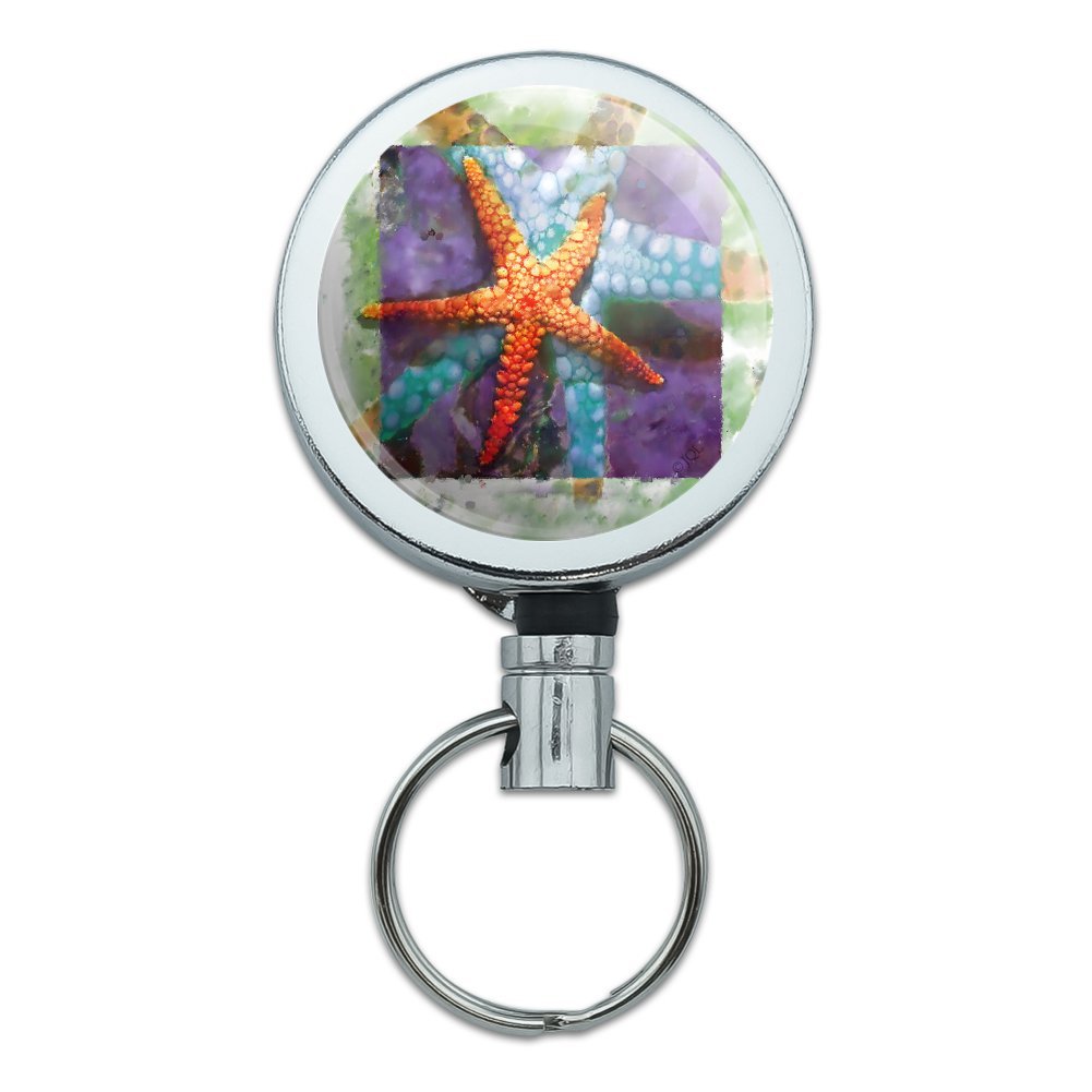 Starfish Watercolor Tropical Ocean Beach Heavy Duty Metal Retractable ID Badge Holder with Belt Clip - Perfect for Office, School, Hospital, and Beach Resorts