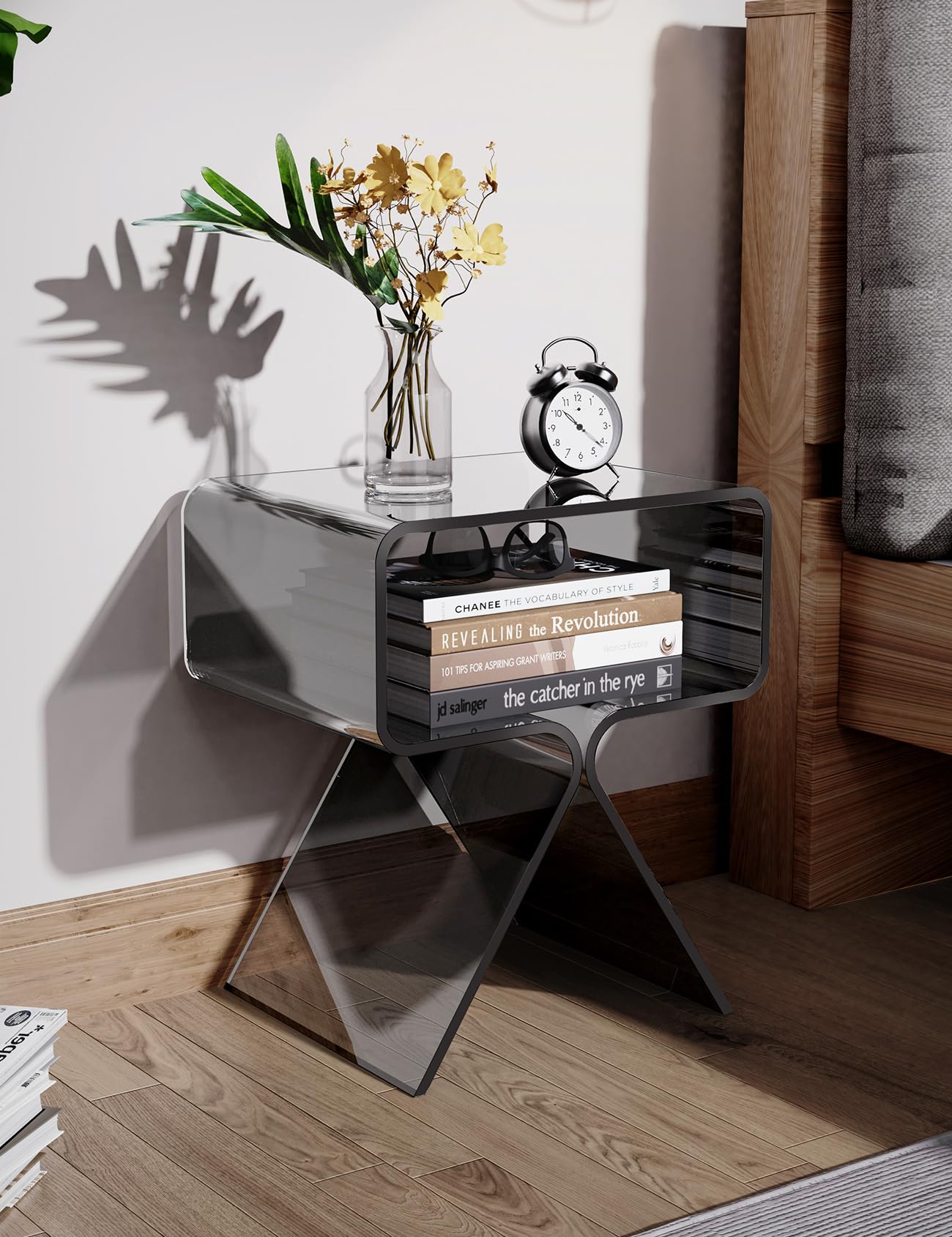 Modern Clear Acrylic Nightstand Side Table - Minimalist End Table for Bedroom, Living Room & Office - Sleek Black Home Decor Display Shelf with Storage