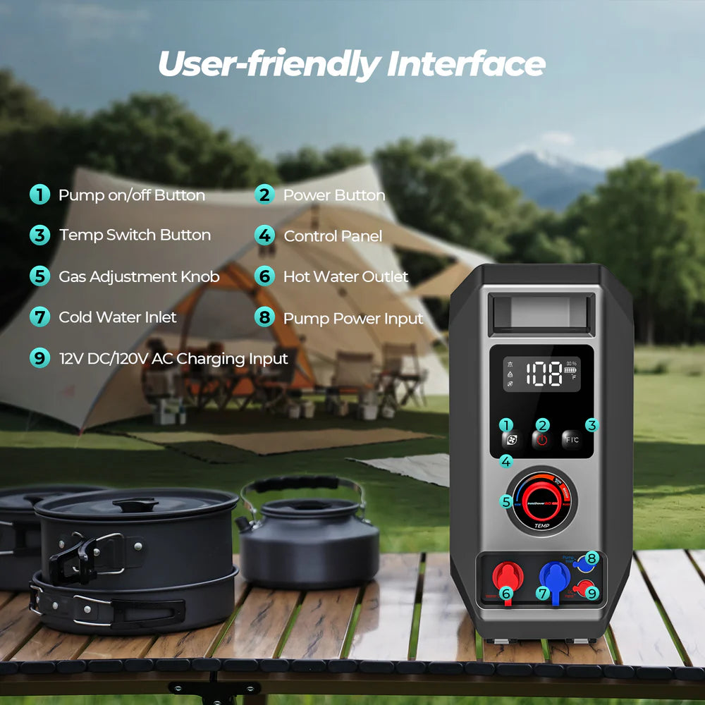 Fogatti InstaShower Go Pro Portable Water Heater with Water Pump - 22,000 BTU Propane Camping Shower for Outdoor Adventures, RV Trips & Emergency Use