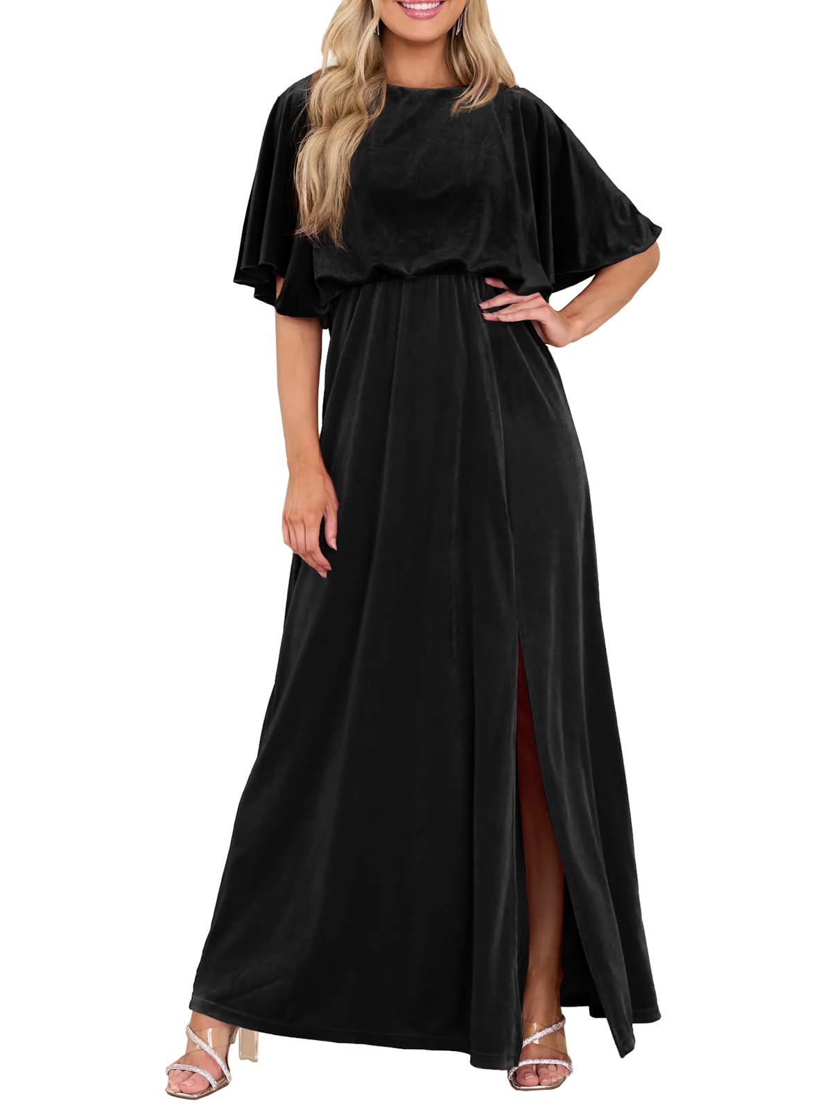 Wenrine Women's Velvet Formal Maxi Dress - Short Sleeve Elegant Split Wedding Guest Party Gown | Perfect for Evening Events, Cocktail Parties & Special Occasions