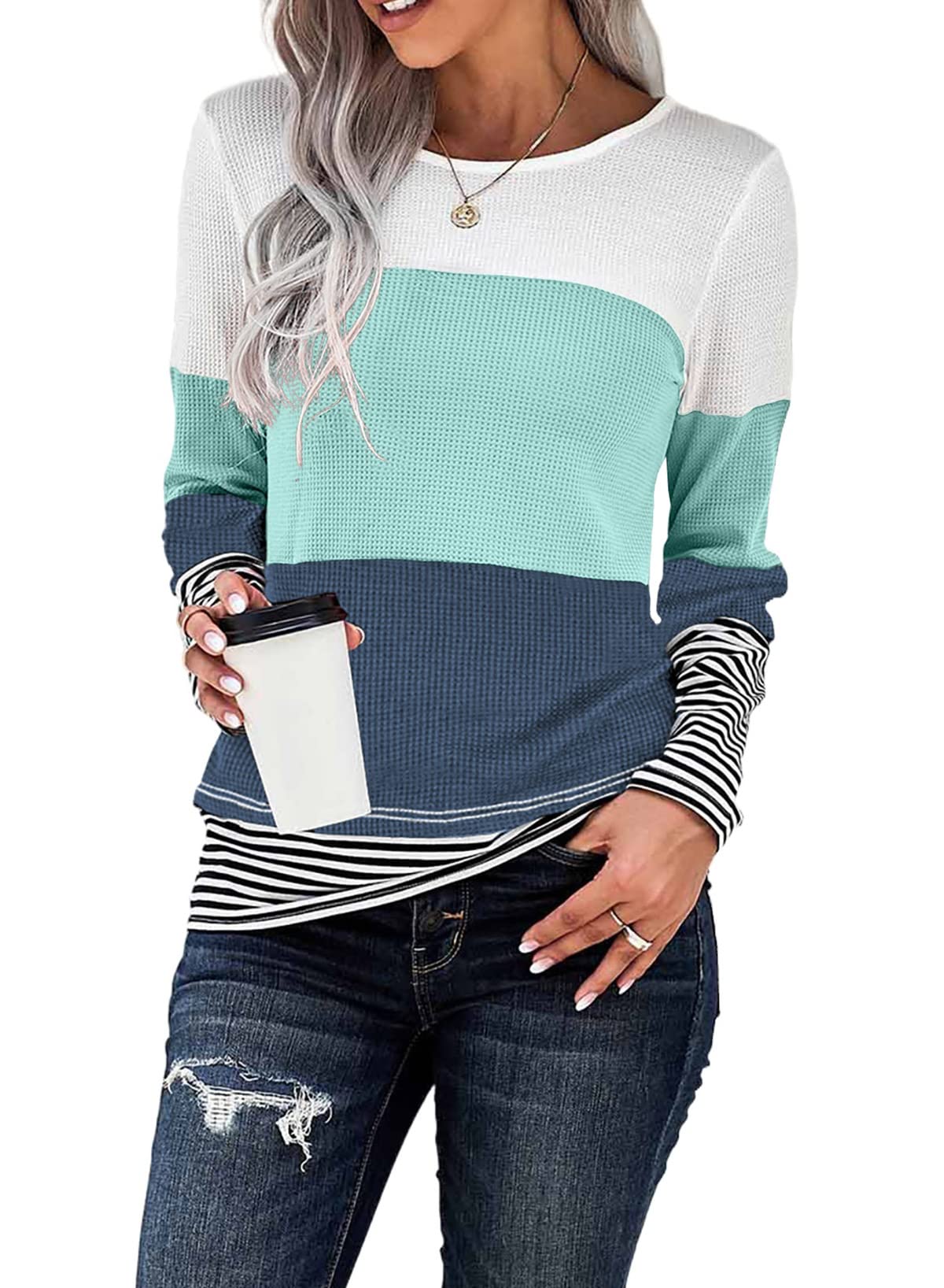Dokotoo Women's Fashion 2022 Casual Long Sleeve Crewneck Sweater - Color Block Patchwork Pullover Waffle Knit Tops for Fall & Winter | Cozy Office Wear & Weekend Outfits