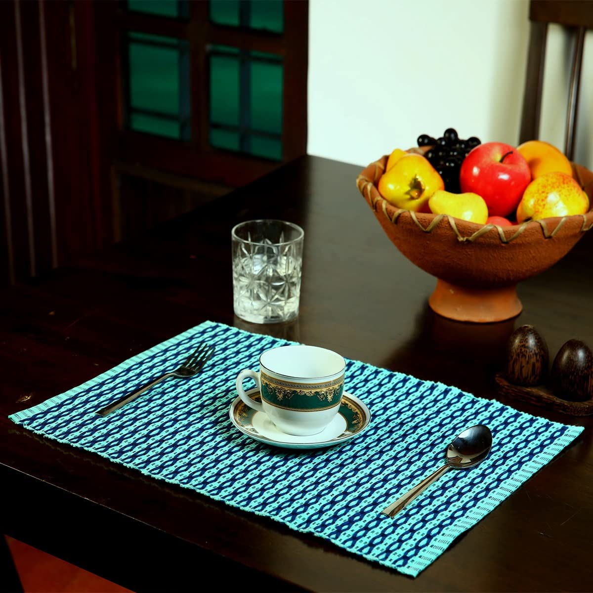 Premium Cotton Ribbed Hexagon Texture Placemats - Heat-Resistant Dining Table Mats & Bedside Table Mats (Set of 2, Blue & Green) - Perfect for Dinner Parties, Breakfast in Bed & Home Decor