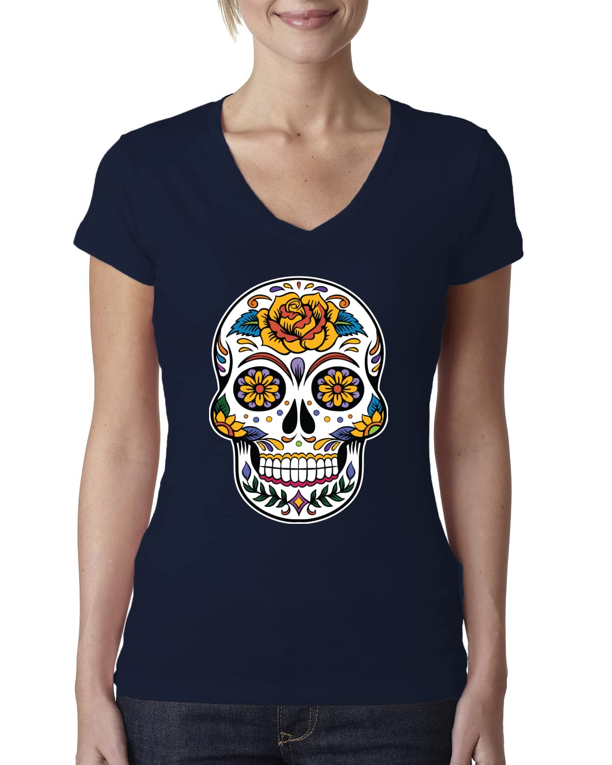 Day of The Dead Sugar Skull Women's V-Neck T-Shirt - Gothic Halloween Tee for Women, Trendy Pop Culture Graphic Tee, Perfect for Halloween Costumes, Dia de Los Muertos Celebrations & Casual Wear